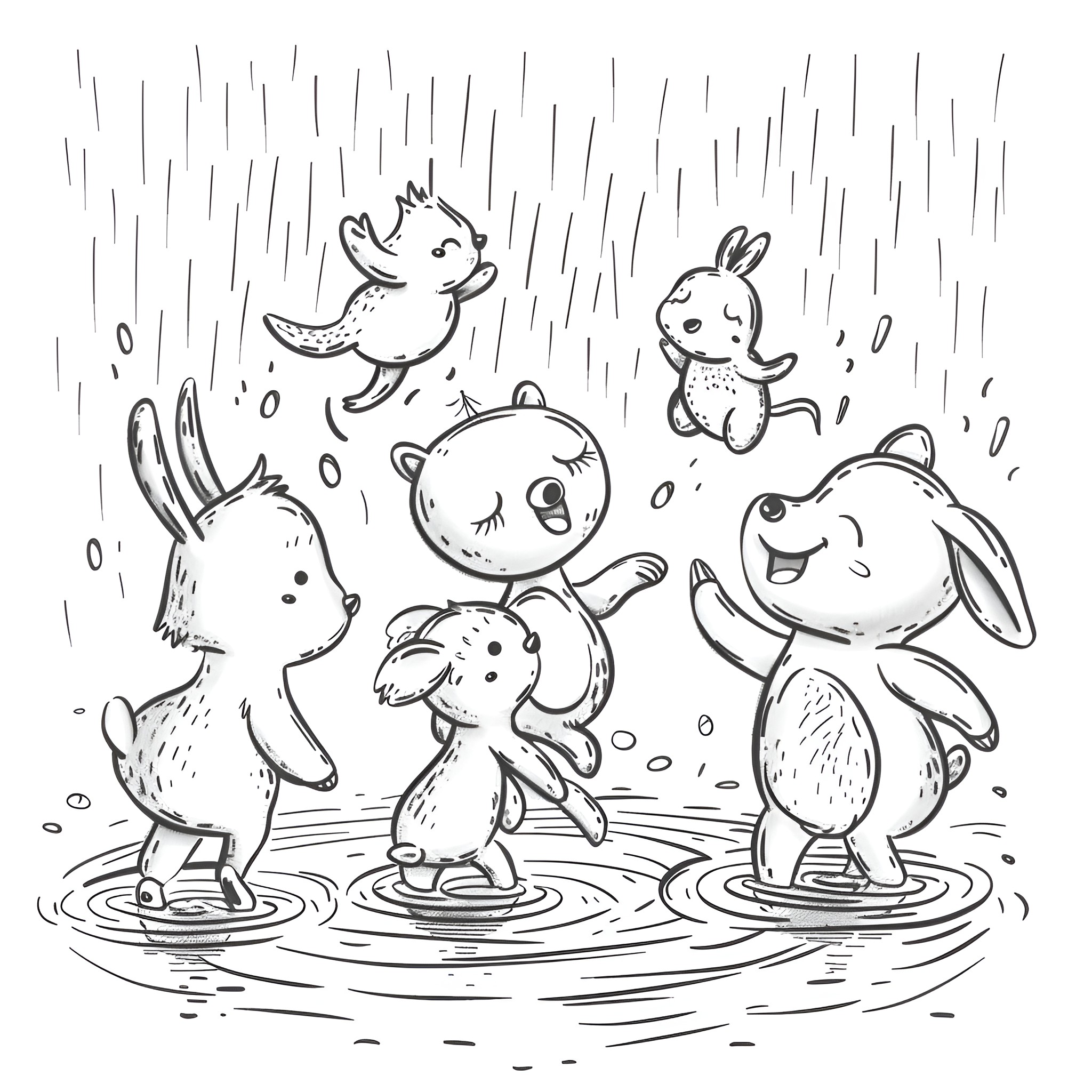 Animals frolicking in the rain Drawing Idea (free black-and-white line drawing printable PDF for all, from beginners to advanced learners, including children, teens, adults, and seniors)