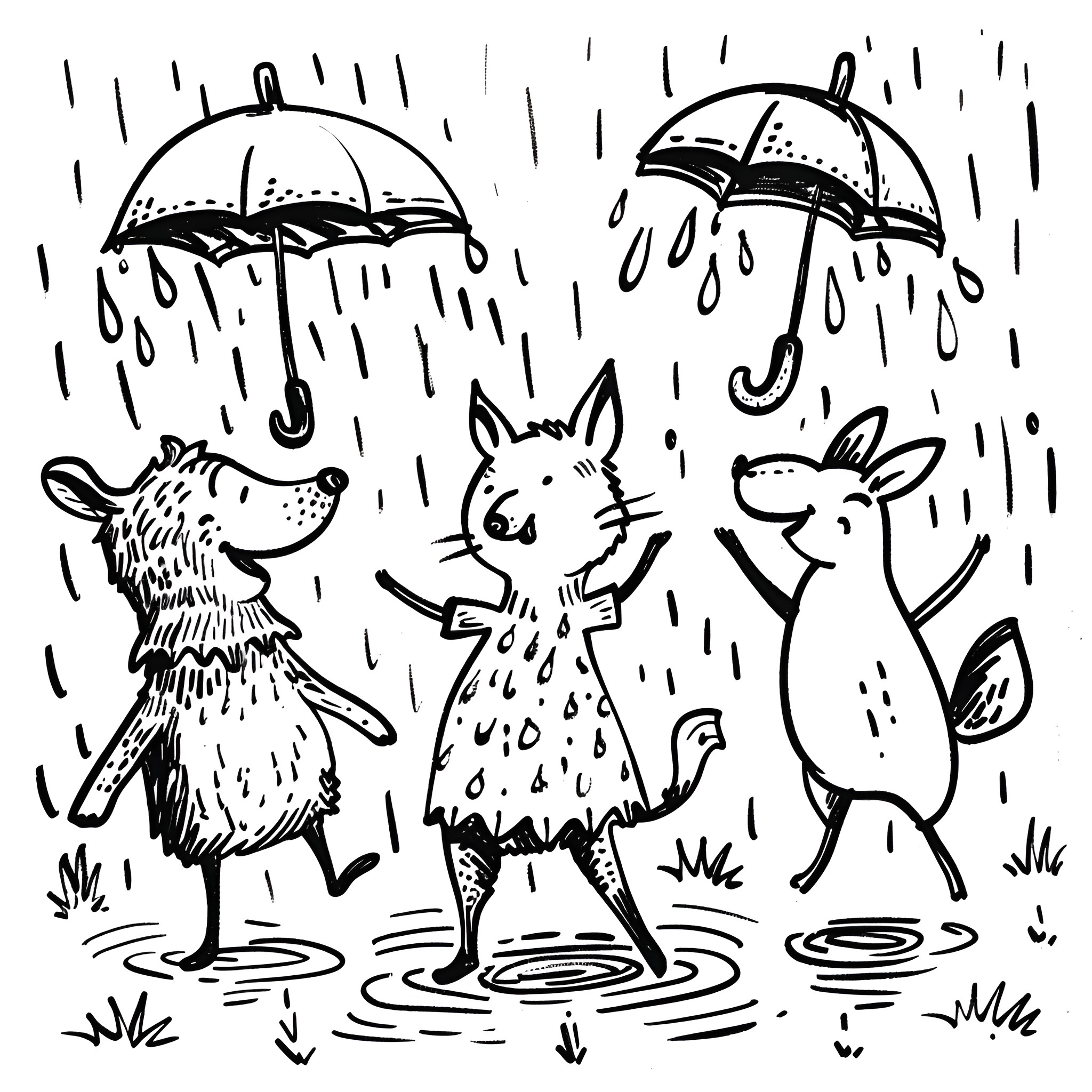 Animals playing in the rain under umbrellas Drawing Idea (free black-and-white line drawing printable PDF for all, from beginners to advanced learners, including children, teens, adults, and seniors)