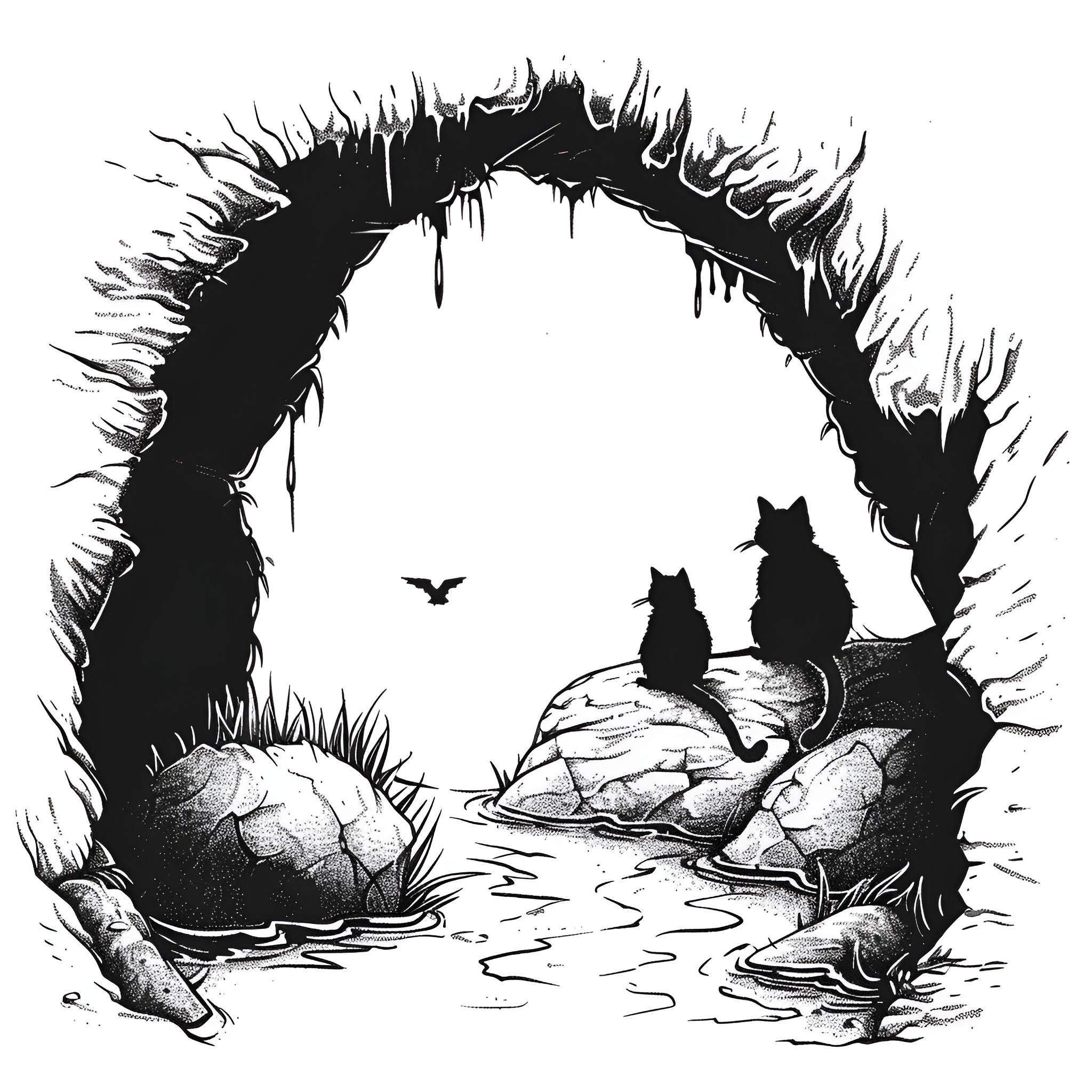 Animals in a Spooky Forest Scene Drawing Idea (free black-and-white line drawing printable PDF for all, from beginners to advanced learners, including children, teens, adults, and seniors)
