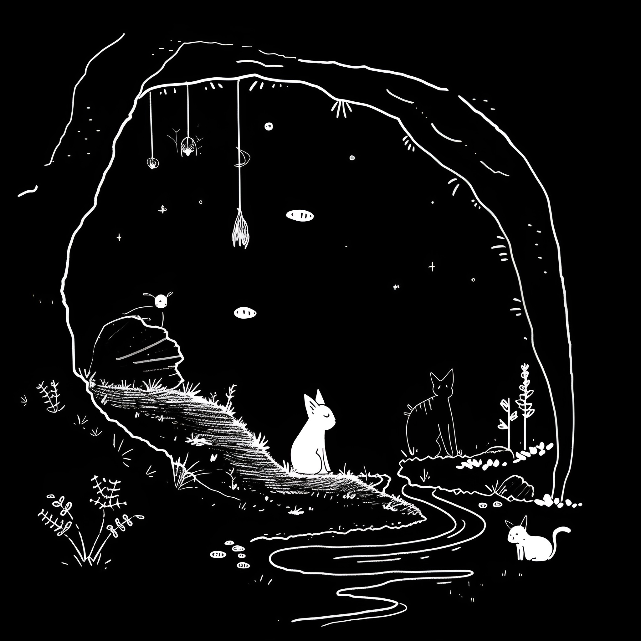 Animals in a magical woodland scene Drawing Idea (free black-and-white line drawing printable PDF for all, from beginners to advanced learners, including children, teens, adults, and seniors)