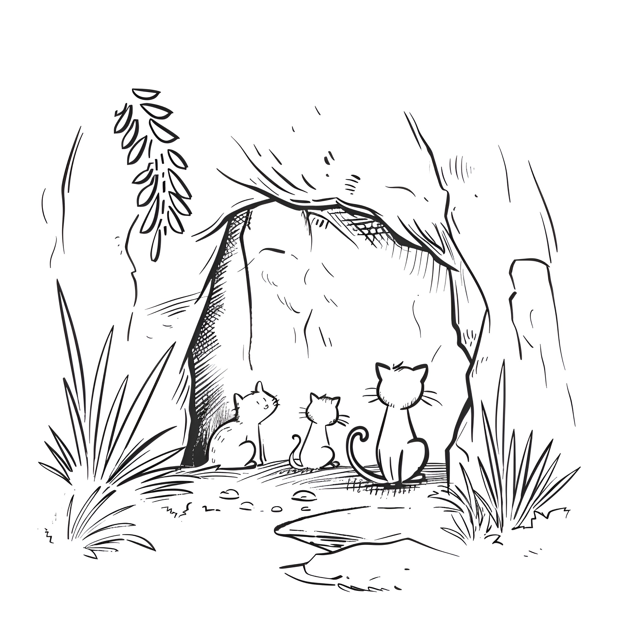 Animals enjoying nature in peaceful scene Drawing Idea (free black-and-white line drawing printable PDF for all, from beginners to advanced learners, including children, teens, adults, and seniors)