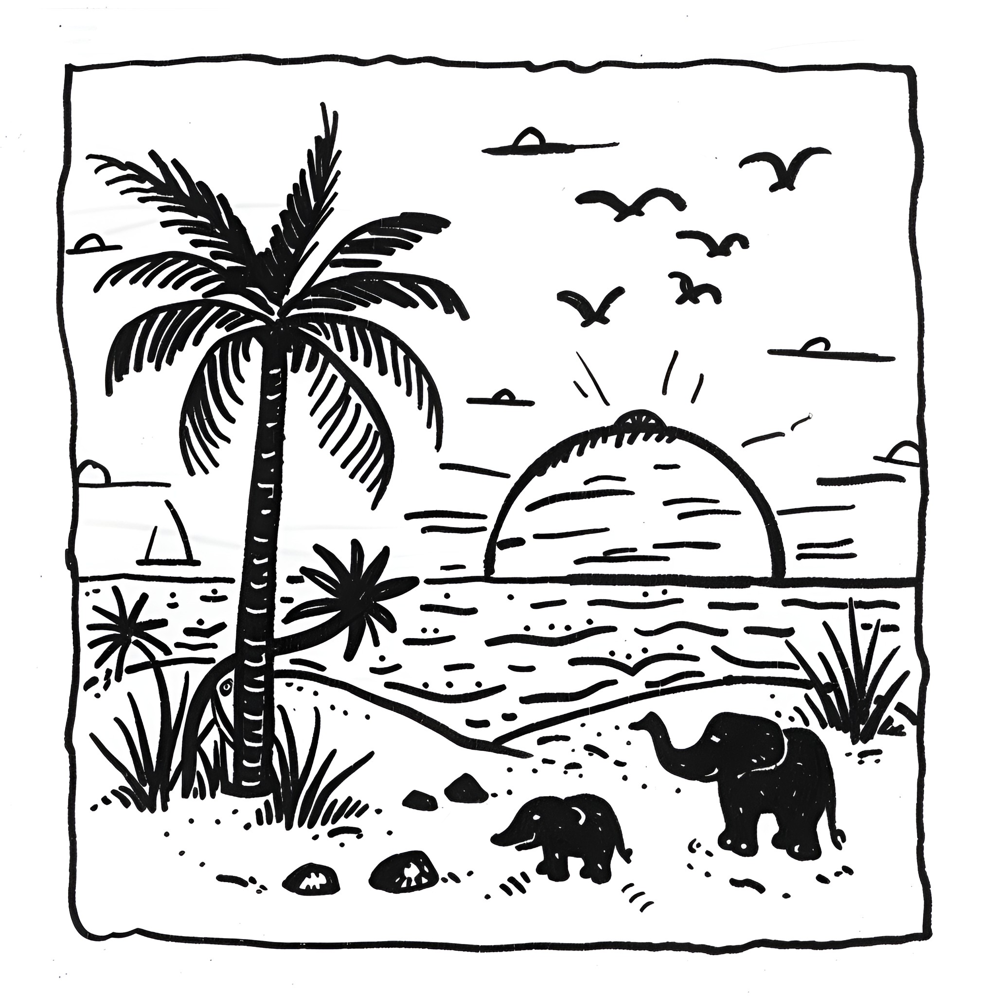 Animals enjoying tropical beach scene Drawing Idea (free black-and-white line drawing printable PDF for all, from beginners to advanced learners, including children, teens, adults, and seniors)