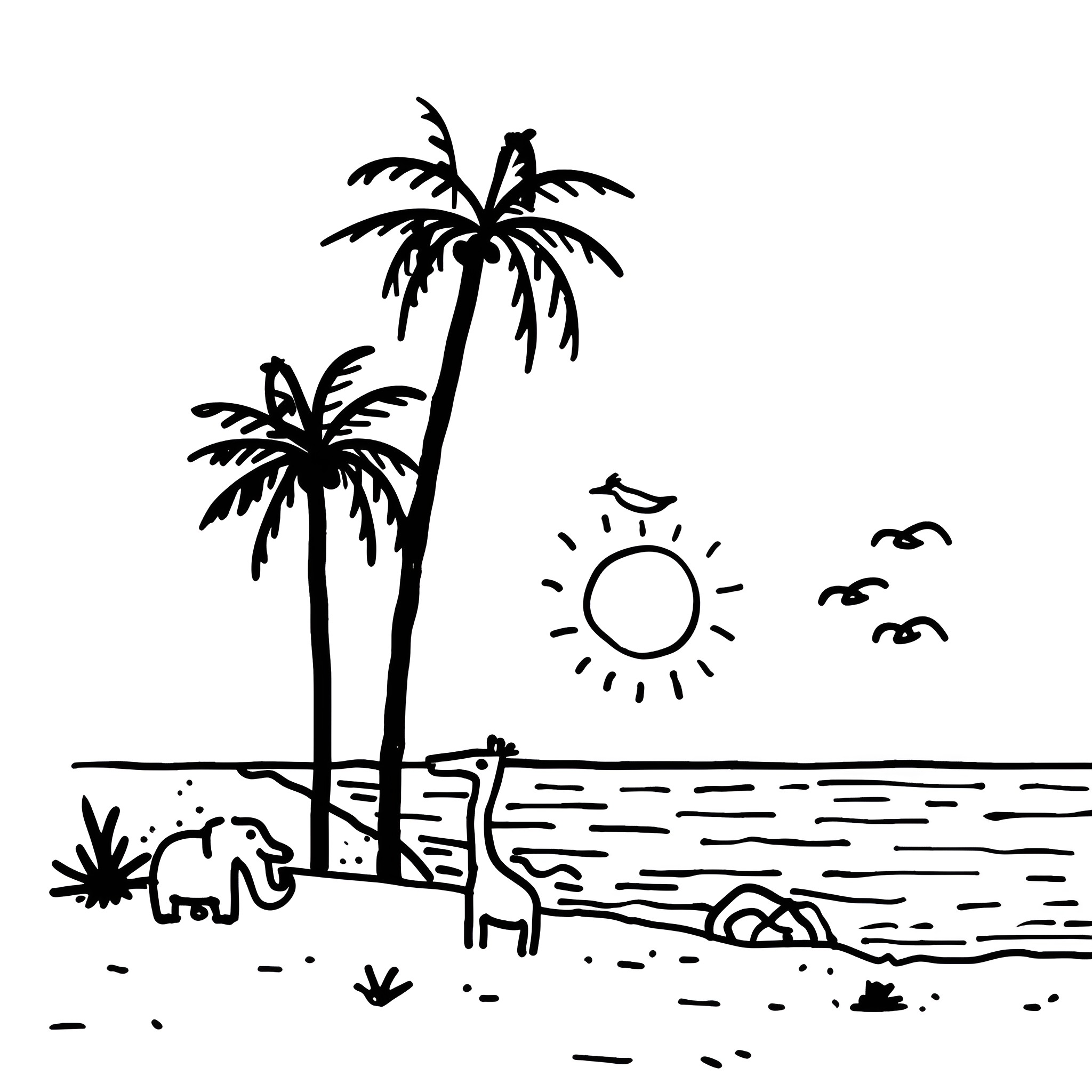 Animals enjoying tropical beach scene Drawing Idea (free black-and-white line drawing printable PDF for all, from beginners to advanced learners, including children, teens, adults, and seniors)