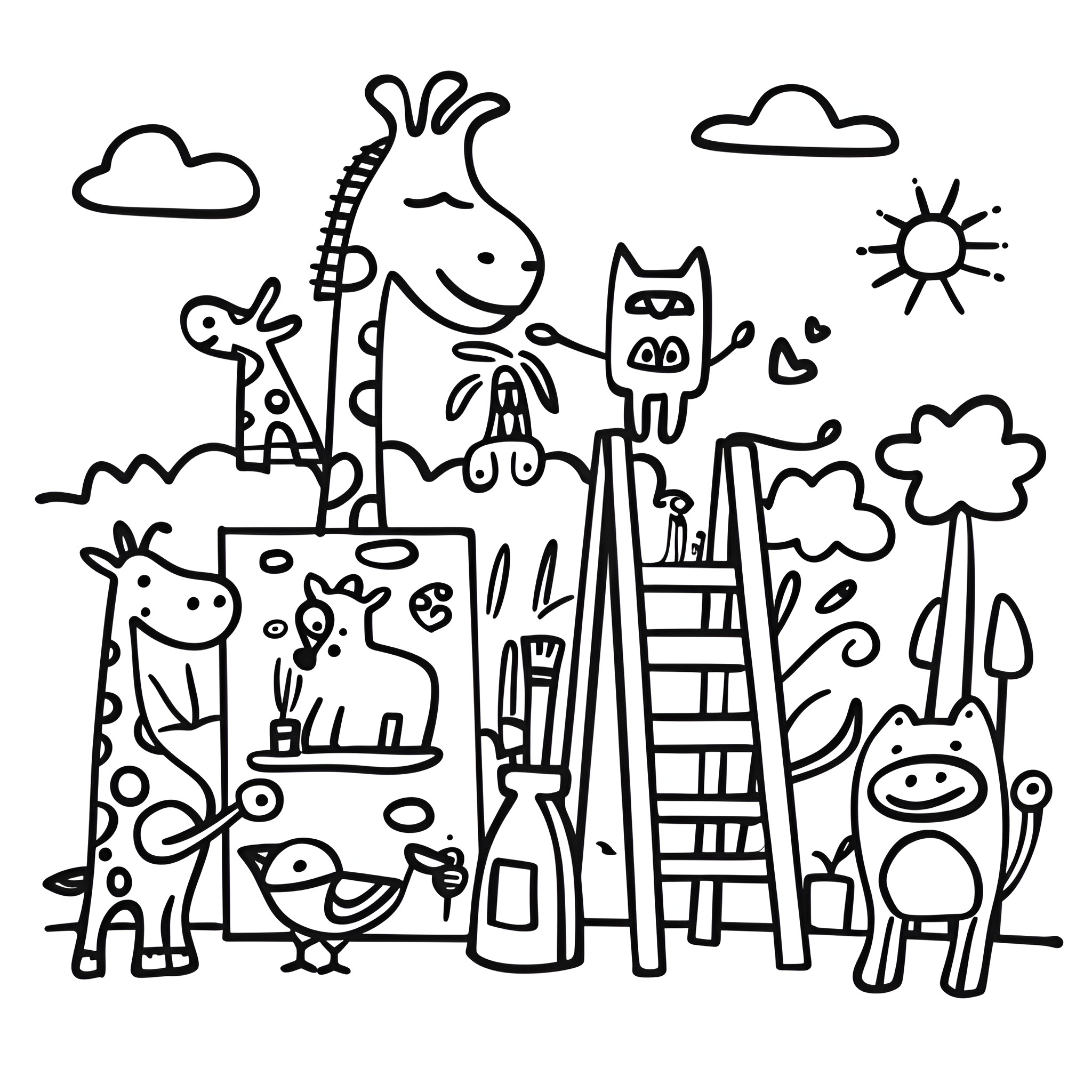 Animals in whimsical scenes Drawing Idea (free black-and-white line drawing printable PDF for all, from beginners to advanced learners, including children, teens, adults, and seniors)