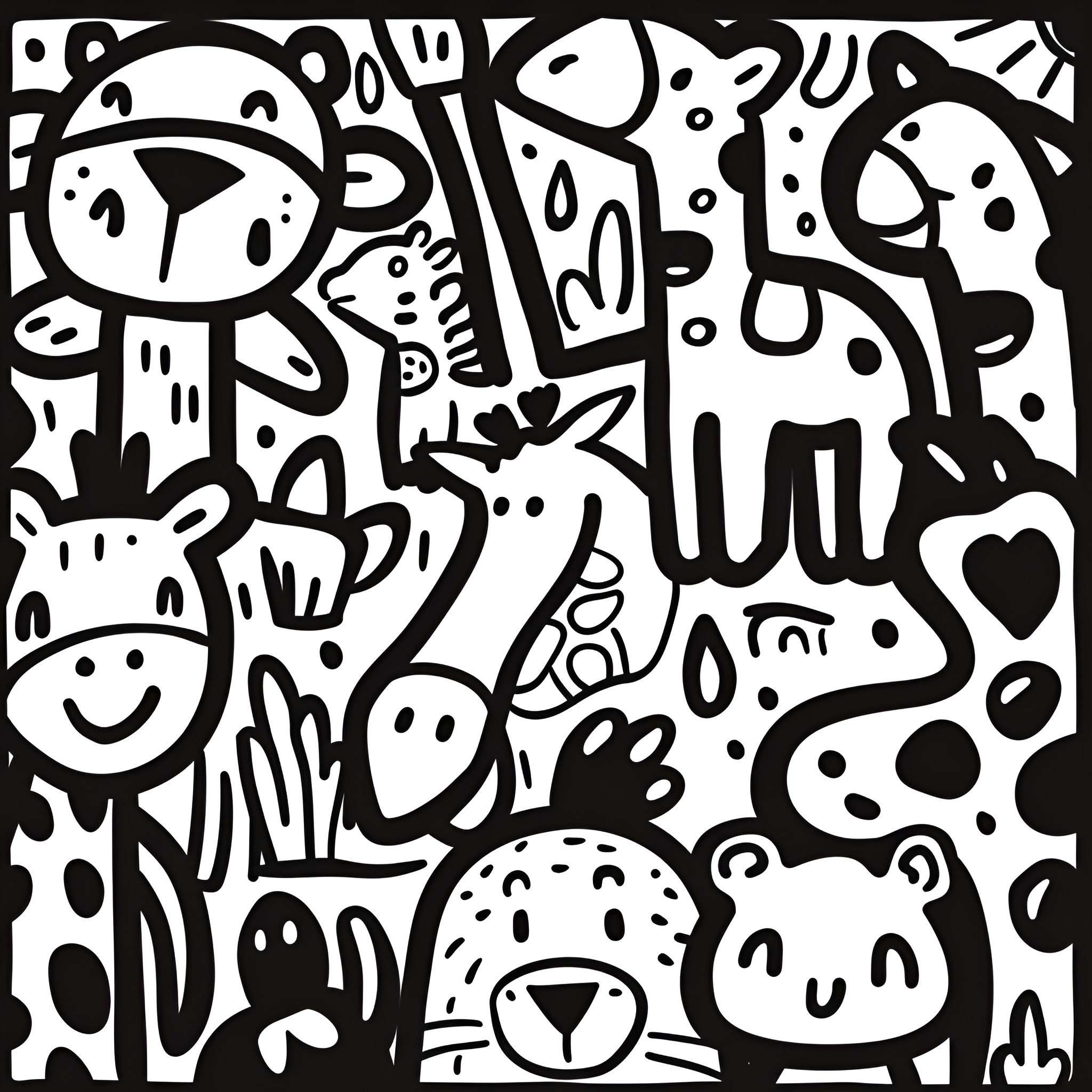 Animals in playful poses Drawing Idea (free black-and-white line drawing printable PDF for all, from beginners to advanced learners, including children, teens, adults, and seniors)