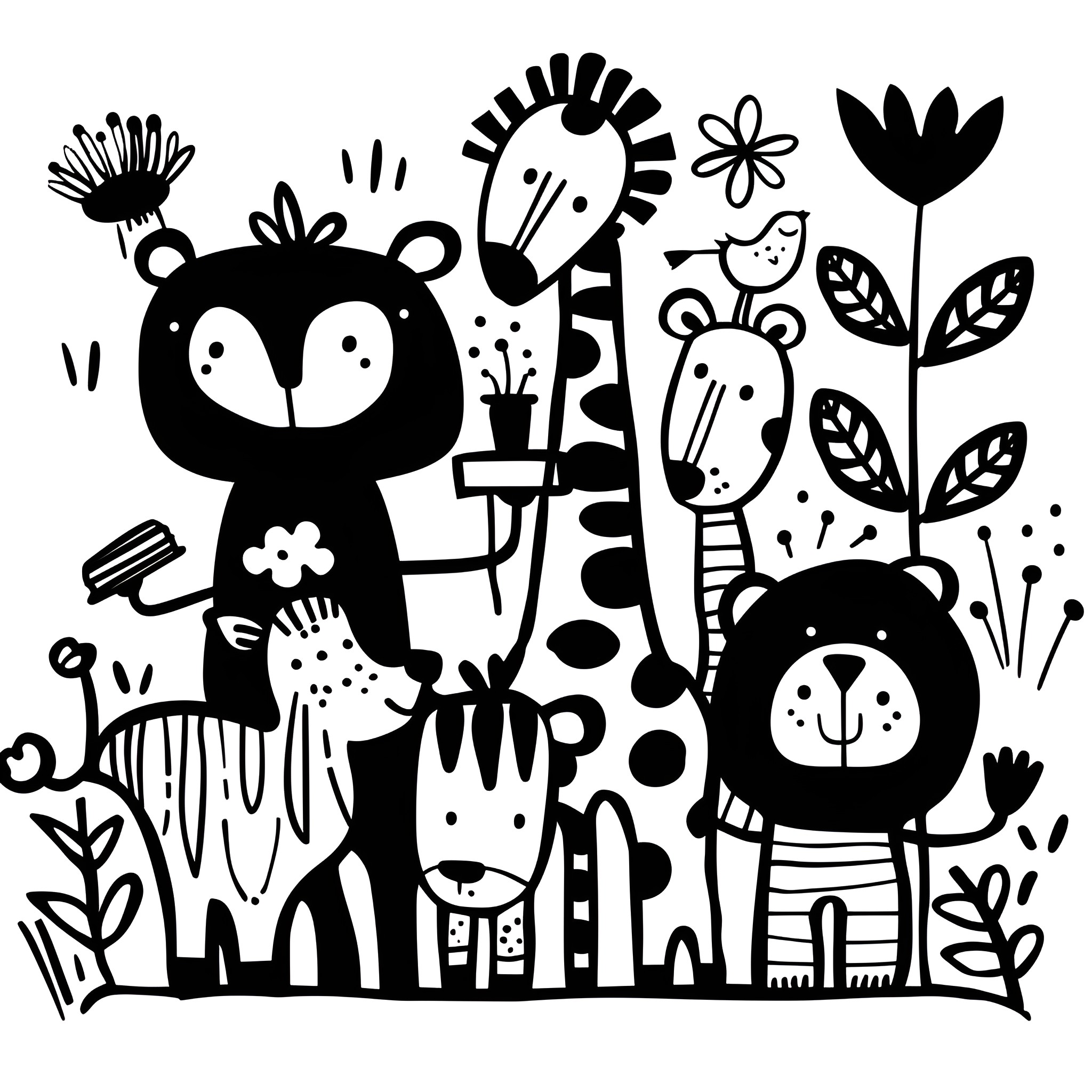 Animals in Whimsical Garden Scene Drawing Idea (free black-and-white line drawing printable PDF for all, from beginners to advanced learners, including children, teens, adults, and seniors)