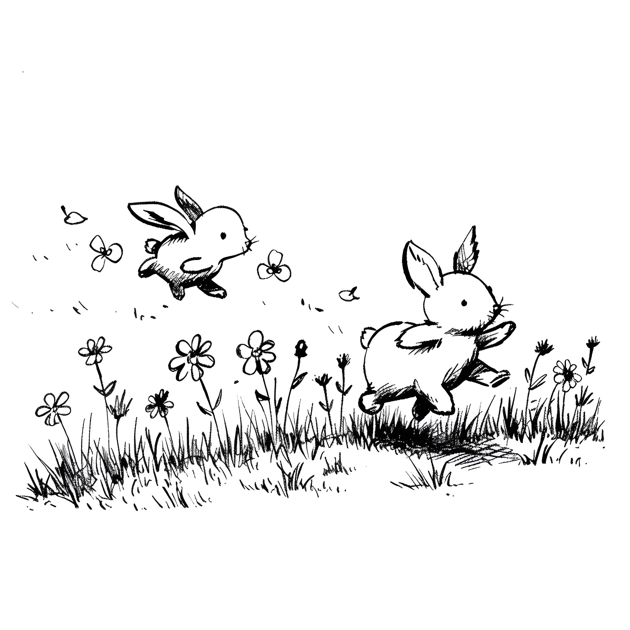 Animals frolicking in a flower field Drawing Idea (free black-and-white line drawing printable PDF for all, from beginners to advanced learners, including children, teens, adults, and seniors)