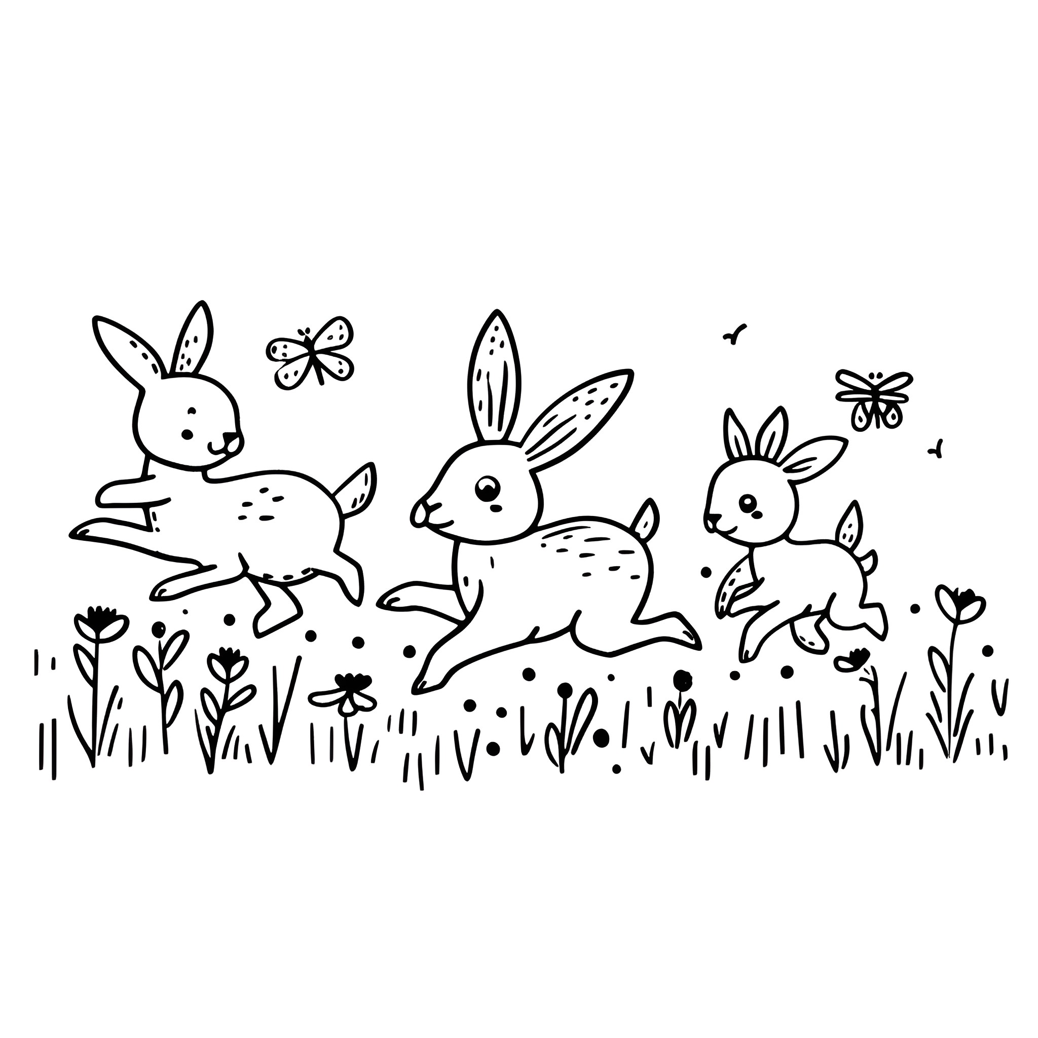 Animals frolicking playfully in the meadow Drawing Idea (free black-and-white line drawing printable PDF for all, from beginners to advanced learners, including children, teens, adults, and seniors)