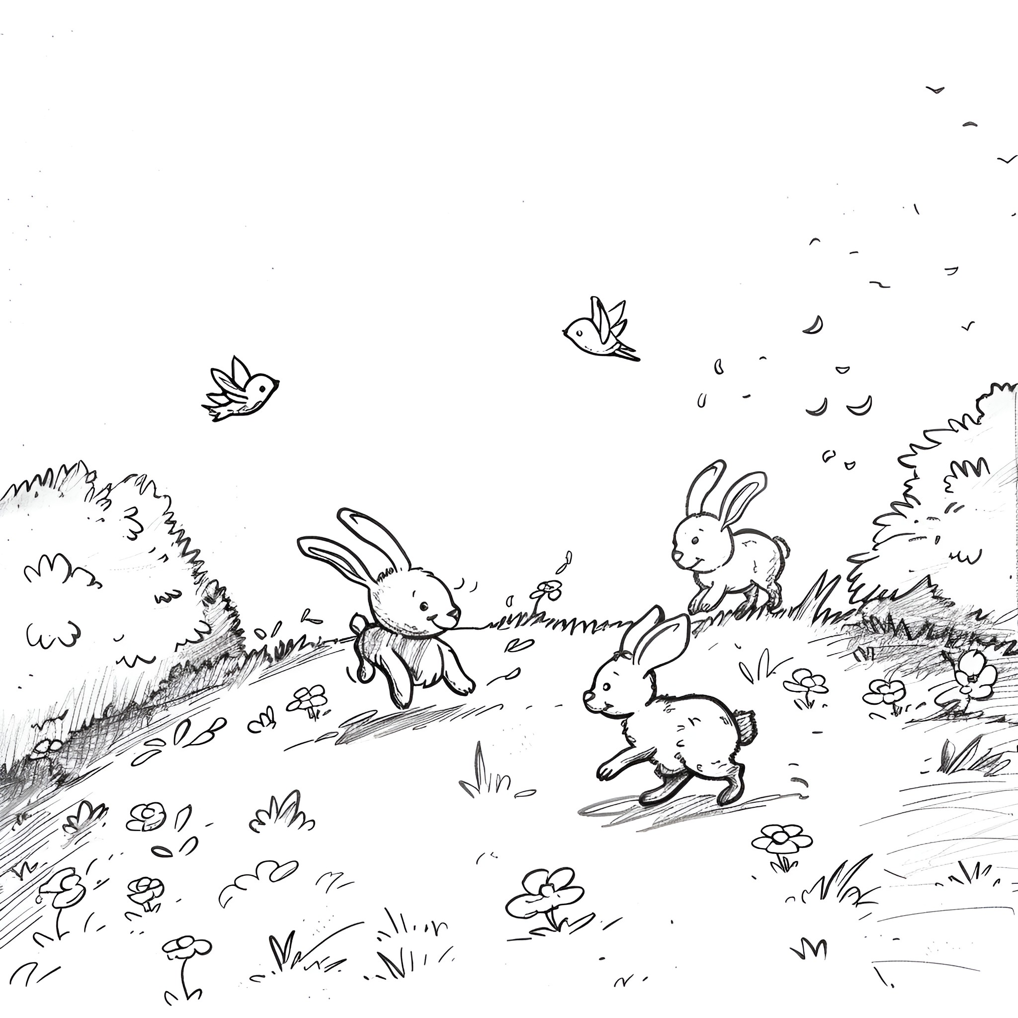 Animals frolicking in pastoral scene Drawing Idea (free black-and-white line drawing printable PDF for all, from beginners to advanced learners, including children, teens, adults, and seniors)