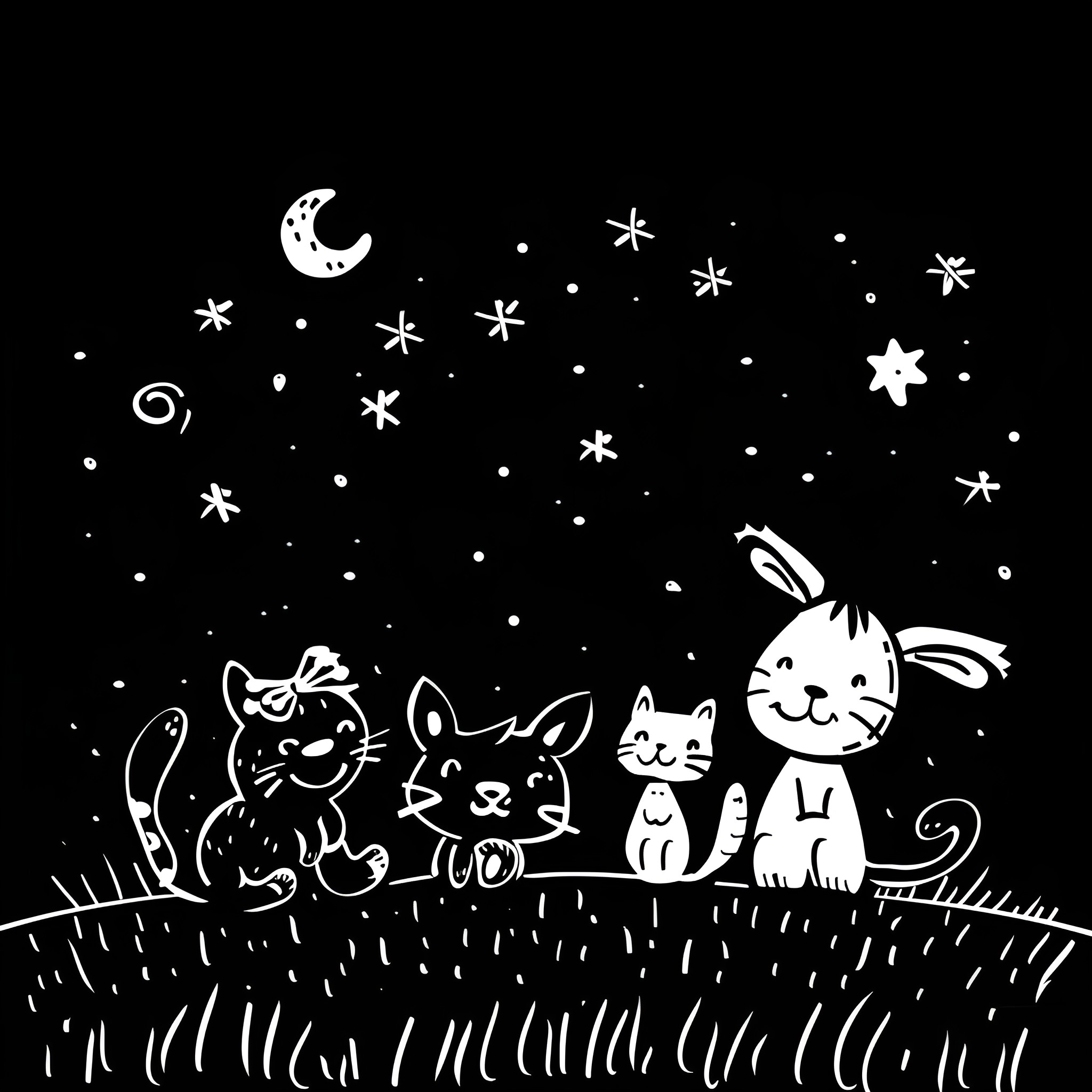 Animals stargazing under the night sky Drawing Idea (free black-and-white line drawing printable PDF for all, from beginners to advanced learners, including children, teens, adults, and seniors)