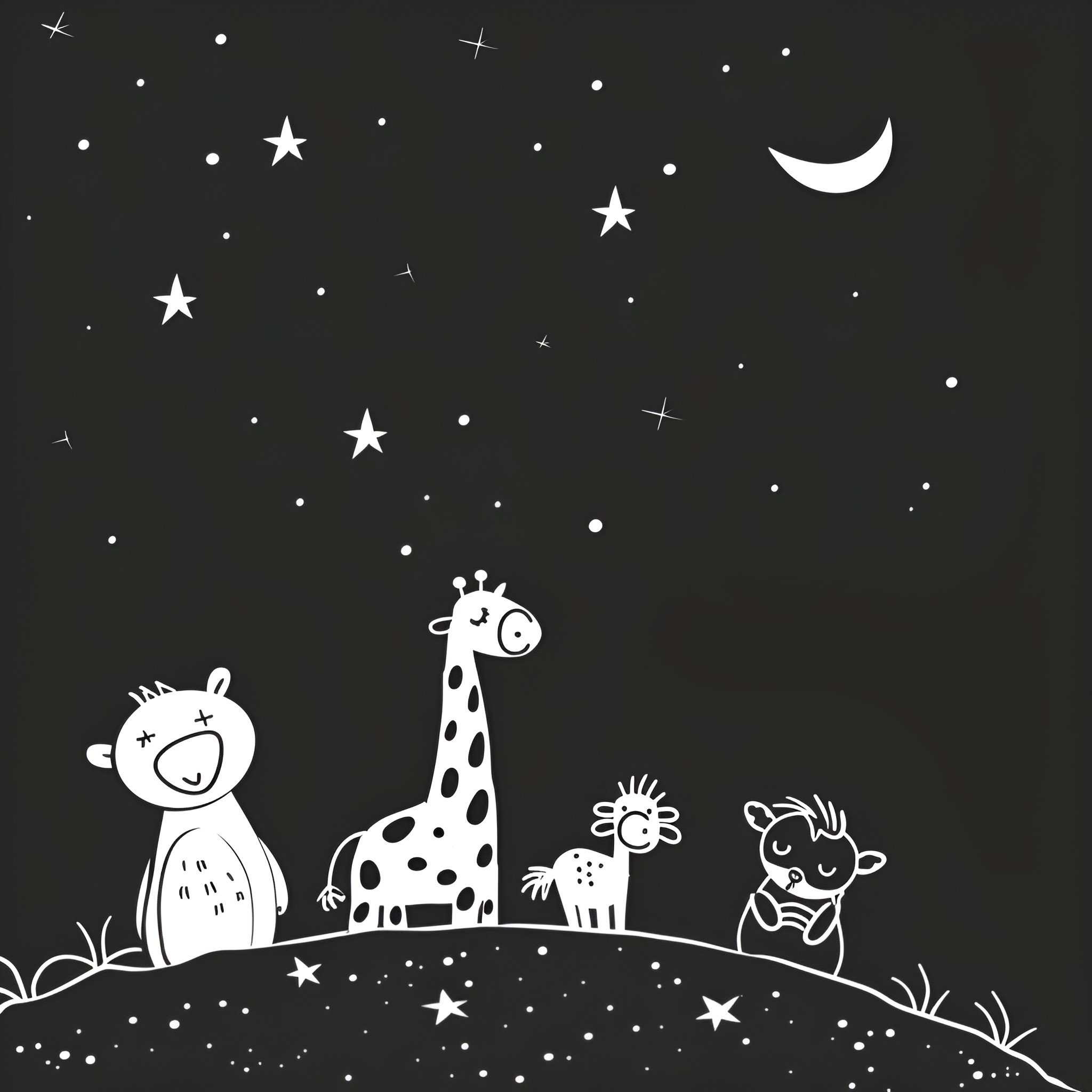 Animals exploring the starry night Drawing Idea (free black-and-white line drawing printable PDF for all, from beginners to advanced learners, including children, teens, adults, and seniors)