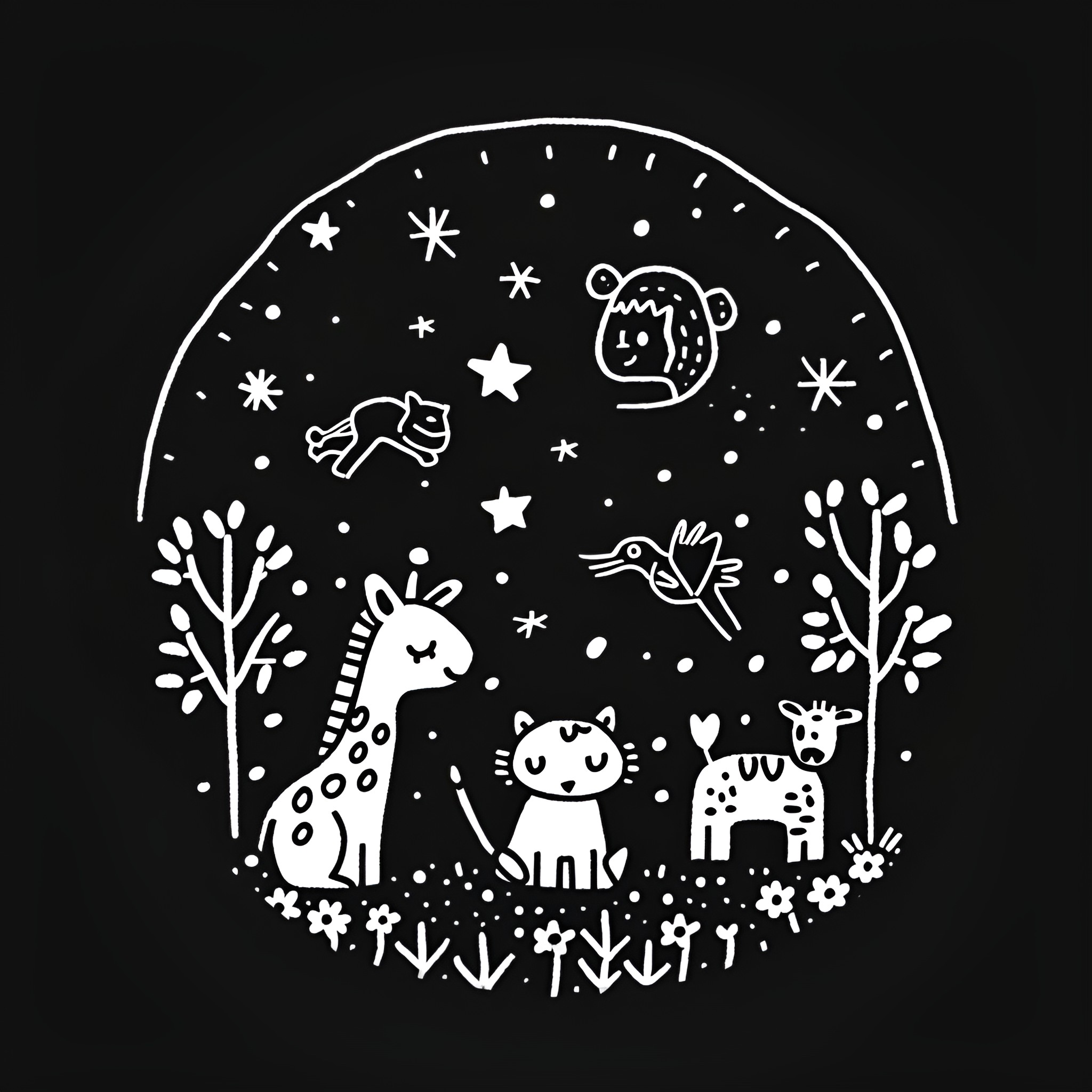 Animals in a Whimsical Nightscape Drawing Idea (free black-and-white line drawing printable PDF for all, from beginners to advanced learners, including children, teens, adults, and seniors)