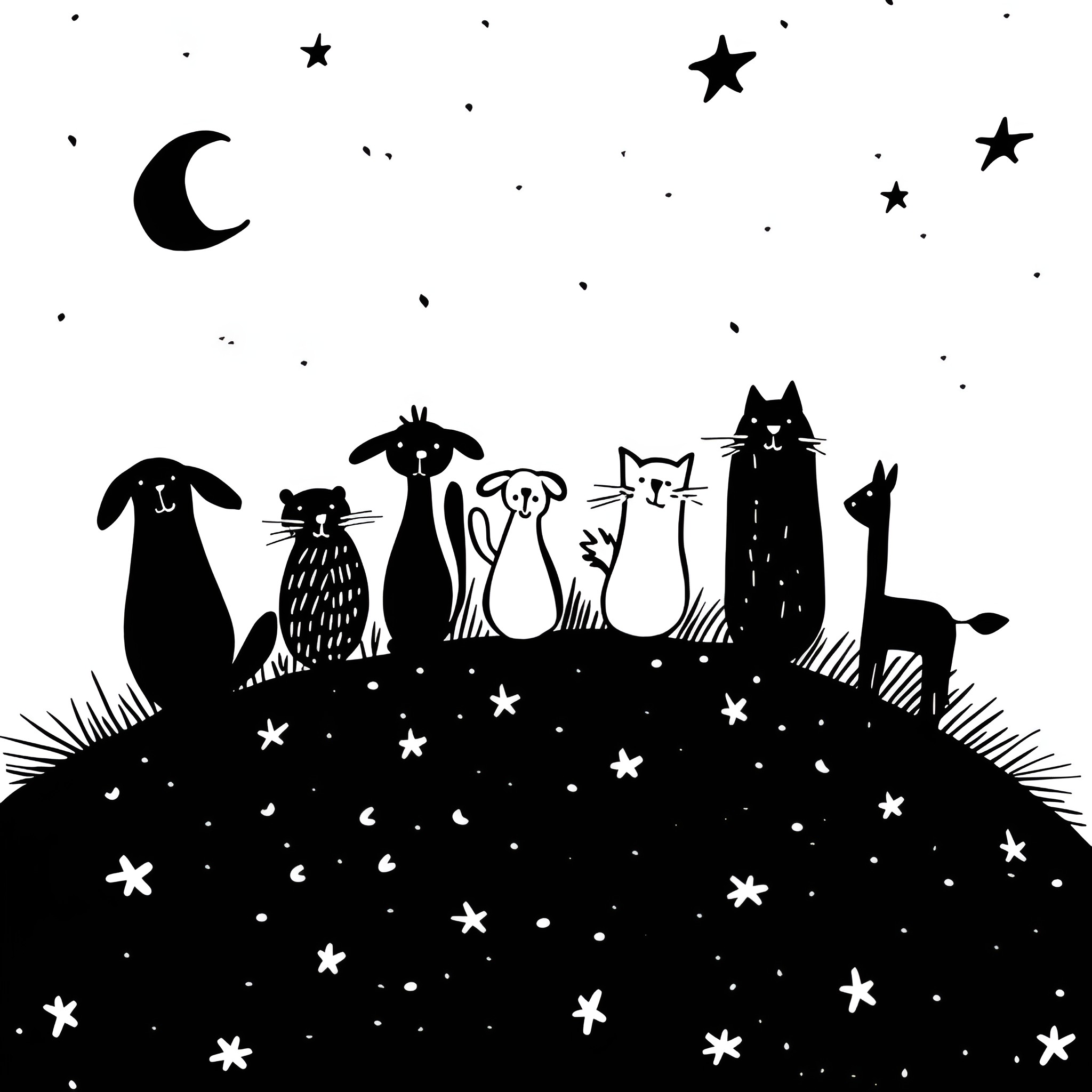 Animals in a starry night scene Drawing Idea (free black-and-white line drawing printable PDF for all, from beginners to advanced learners, including children, teens, adults, and seniors)