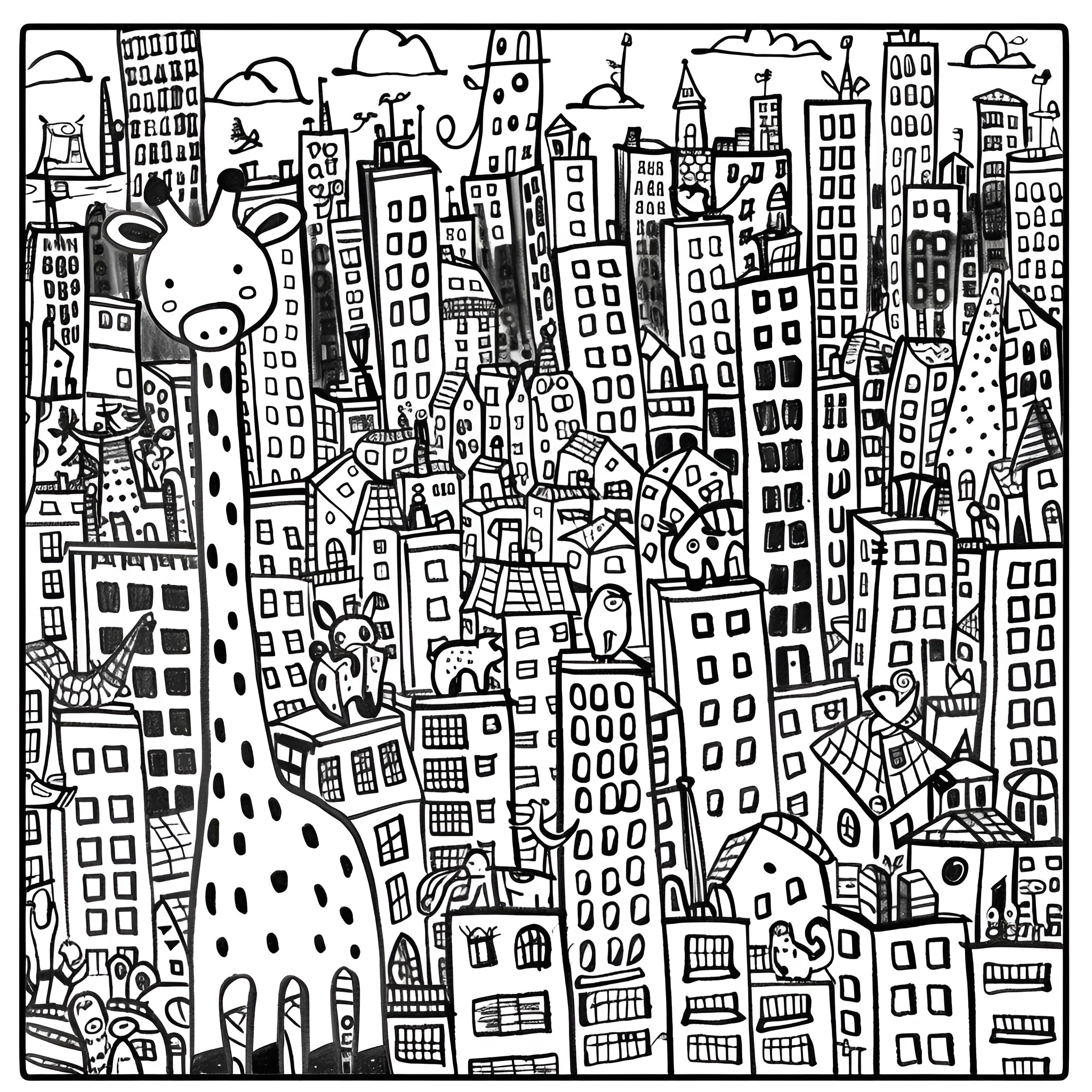 Animals exploring the bustling city skyline Drawing Idea (free black-and-white line drawing printable PDF for all, from beginners to advanced learners, including children, teens, adults, and seniors)