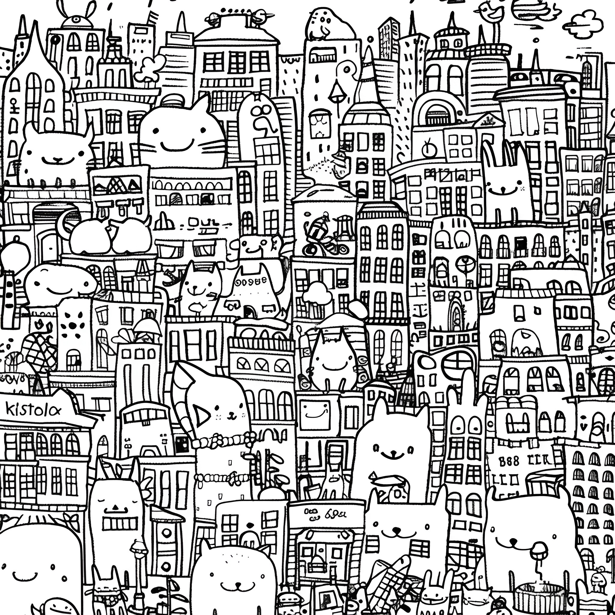Animals in a Whimsical Urban Landscape Drawing Idea (free black-and-white line drawing printable PDF for all, from beginners to advanced learners, including children, teens, adults, and seniors)