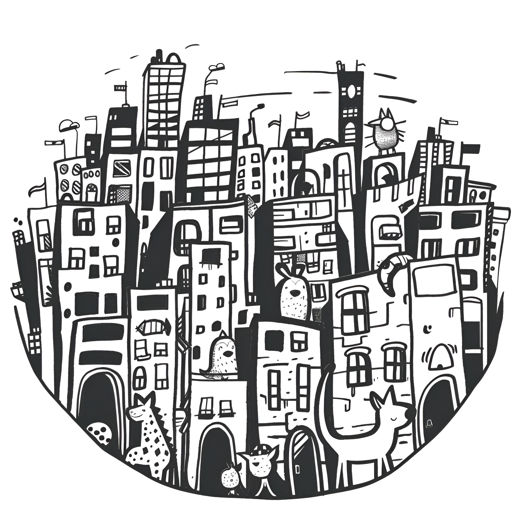 Animals in a whimsical city scene Drawing Idea (free black-and-white line drawing printable PDF for all, from beginners to advanced learners, including children, teens, adults, and seniors)