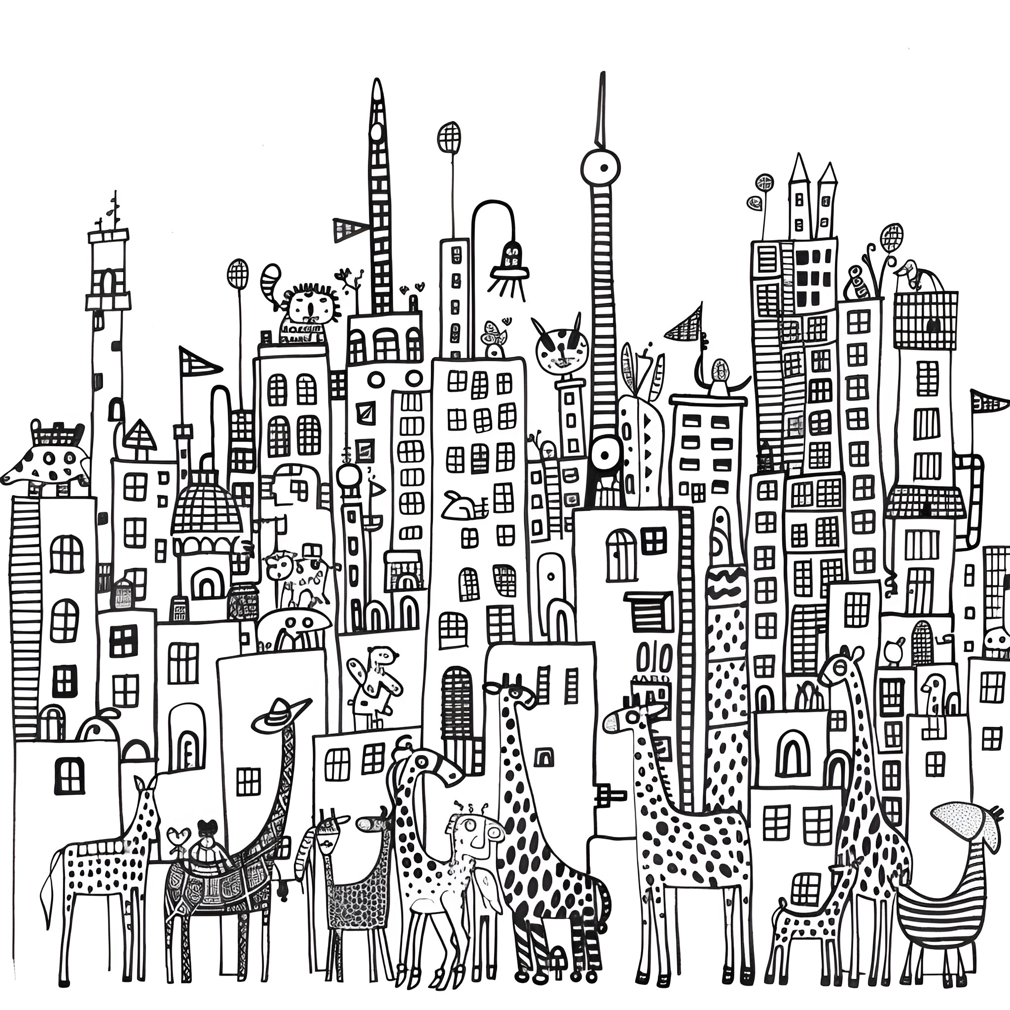 Animals in a whimsical urban landscape Drawing Idea (free black-and-white line drawing printable PDF for all, from beginners to advanced learners, including children, teens, adults, and seniors)