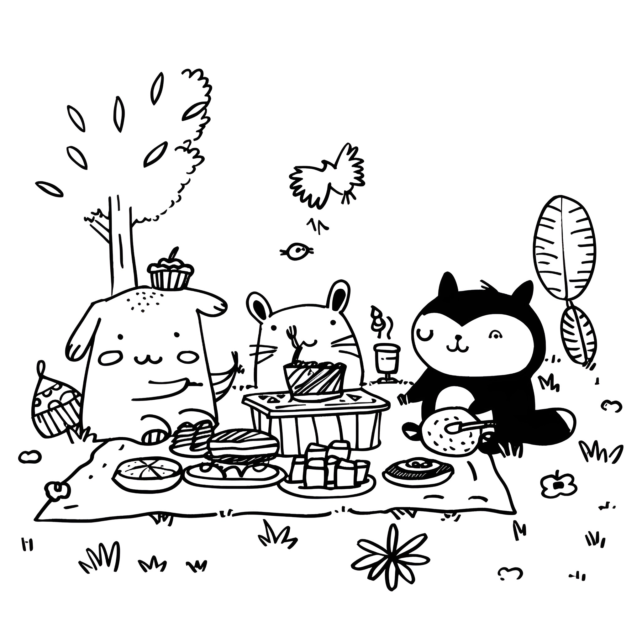 Animals having a picnic in nature Drawing Idea (free black-and-white line drawing printable PDF for all, from beginners to advanced learners, including children, teens, adults, and seniors)