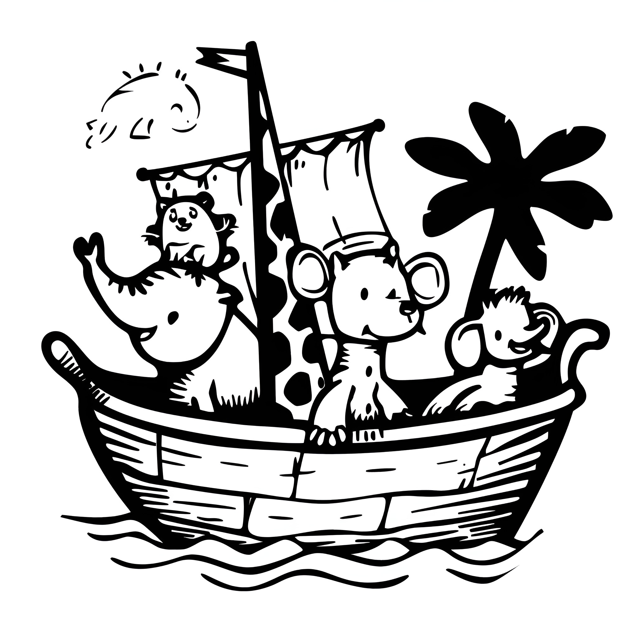 Animals in a Boat Scene Drawing Idea (free black-and-white line drawing printable PDF for all, from beginners to advanced learners, including children, teens, adults, and seniors)