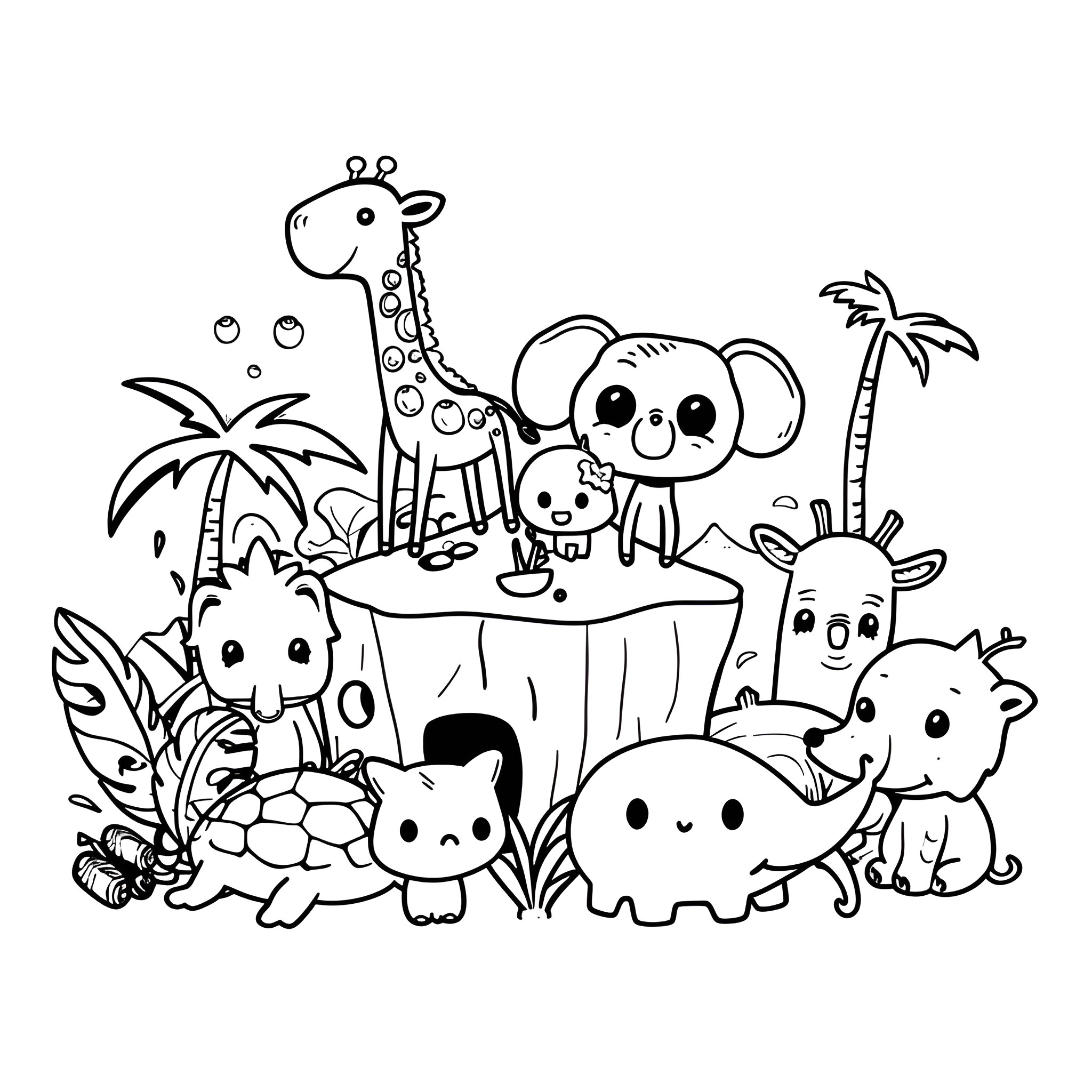 Animals in Playful Jungle Scene Drawing Idea (free black-and-white line drawing printable PDF for all, from beginners to advanced learners, including children, teens, adults, and seniors)