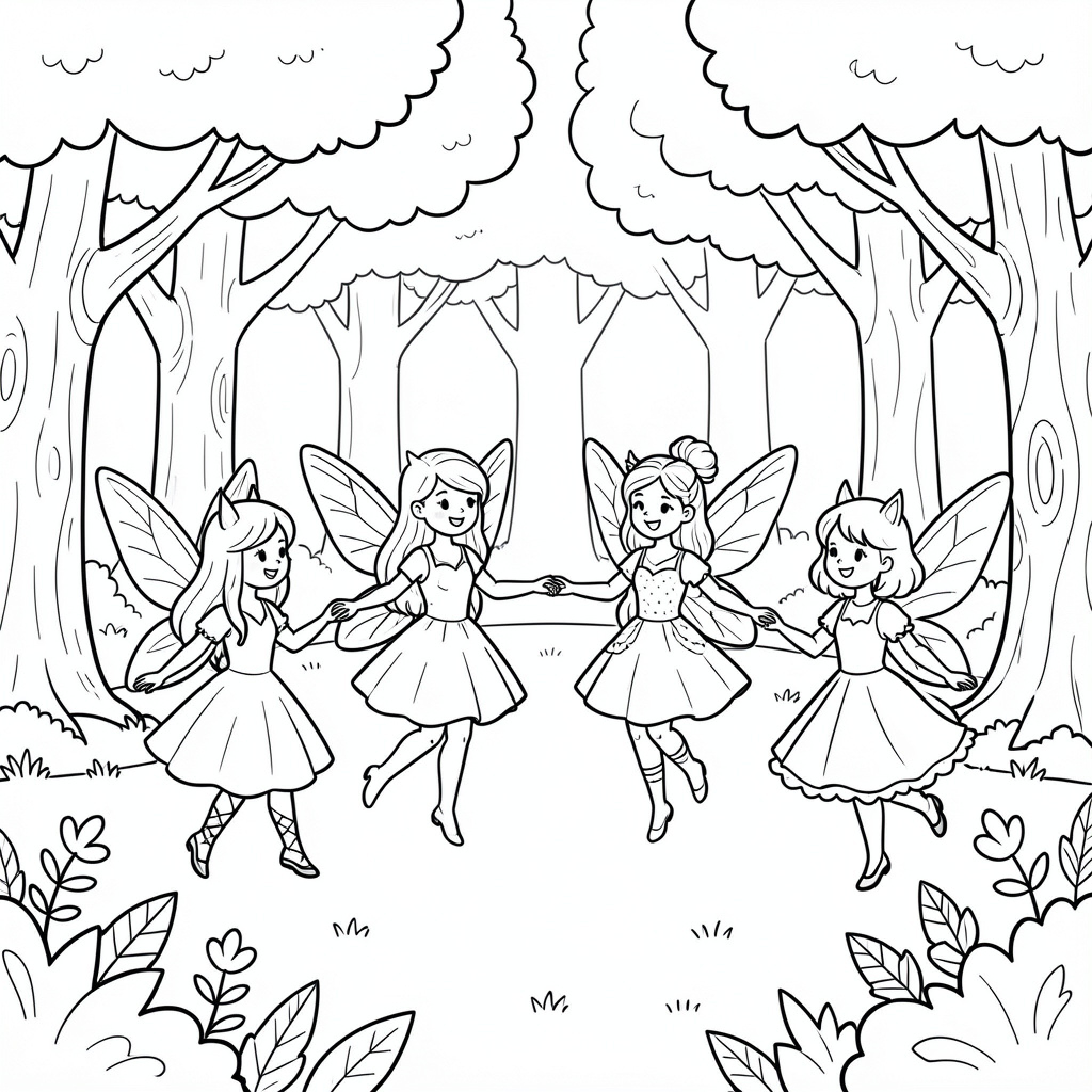 Easy Fairy friends dancing together in a forest Drawing Idea (free black-and-white line drawing printable PDF for all, from beginners to advanced learners, including children, teens, adults, and seniors)
