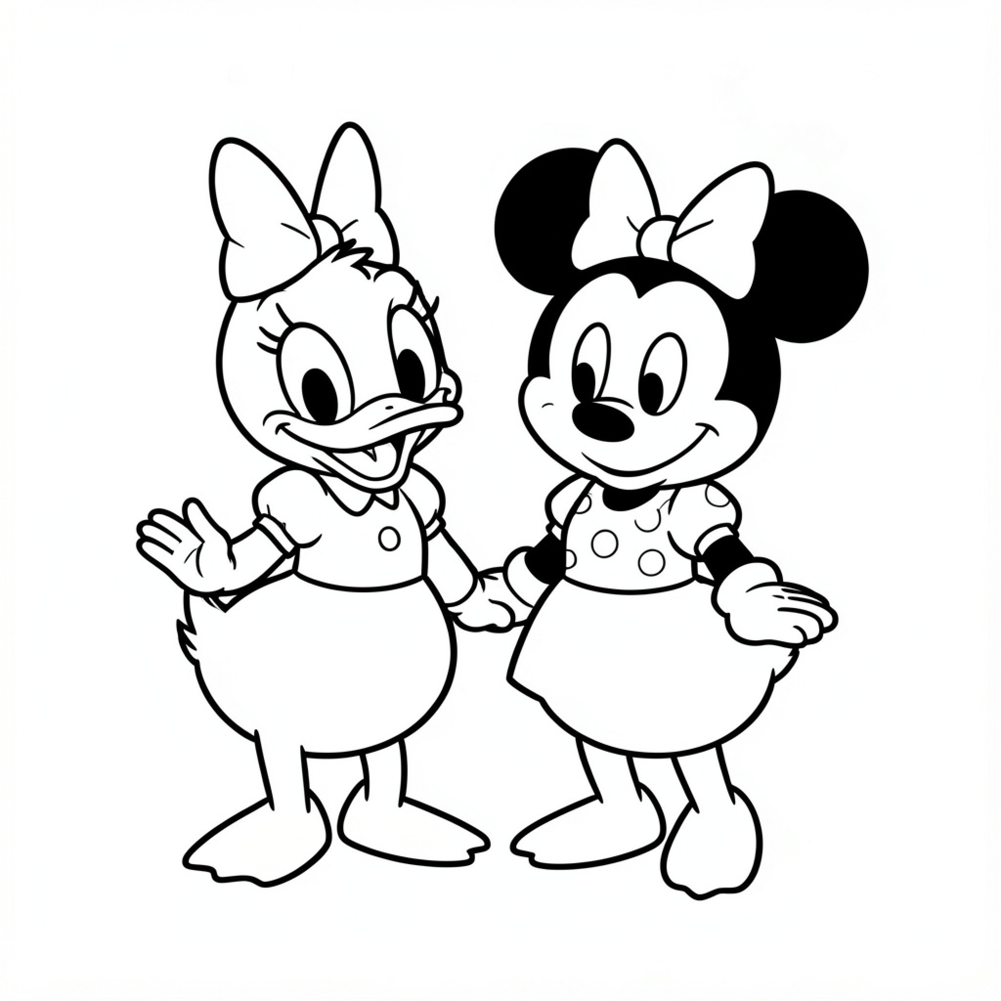 Easy Daisy Duck and Minnie Mouse holding hands Drawing Idea (free black-and-white line drawing printable PDF for all, from beginners to advanced learners, including children, teens, adults, and seniors)