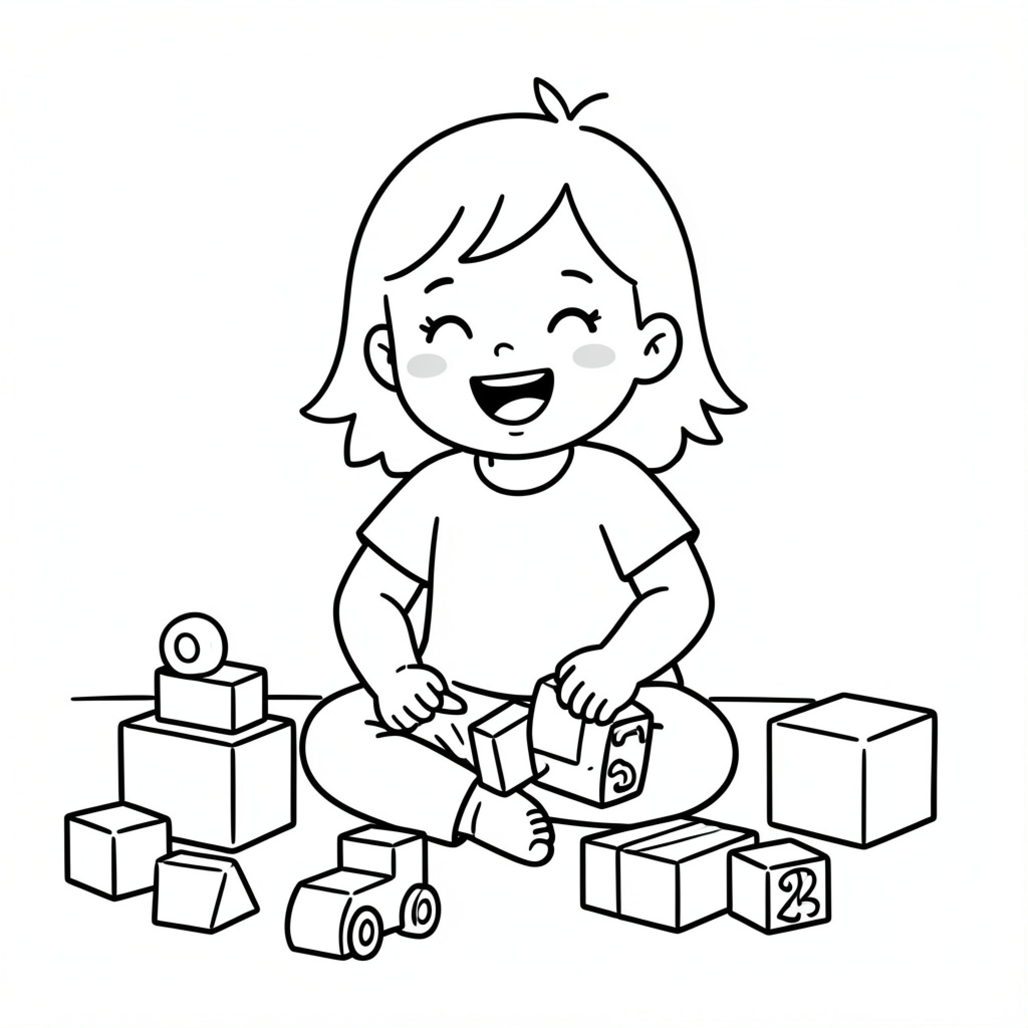 Easy Daughter playing happily with various toy blocks Drawing Idea (free black-and-white line drawing printable PDF for all, from beginners to advanced learners, including children, teens, adults, and seniors)