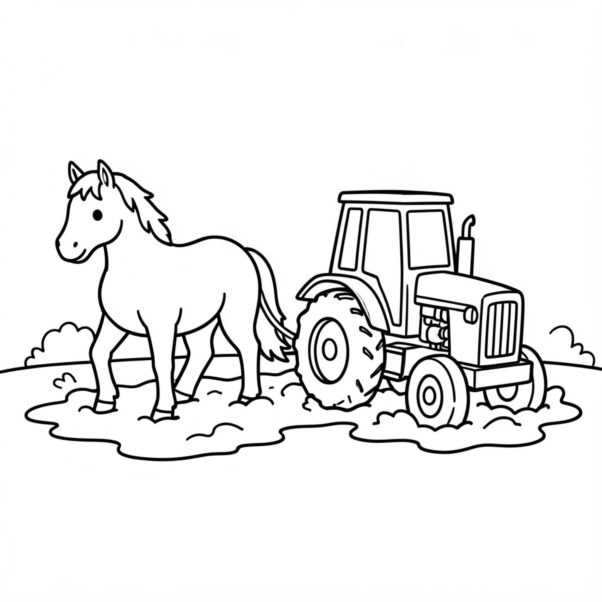 Easy Horse standing next to a farm tractor Drawing Idea (free black-and-white line drawing printable PDF for all, from beginners to advanced learners, including children, teens, adults, and seniors)