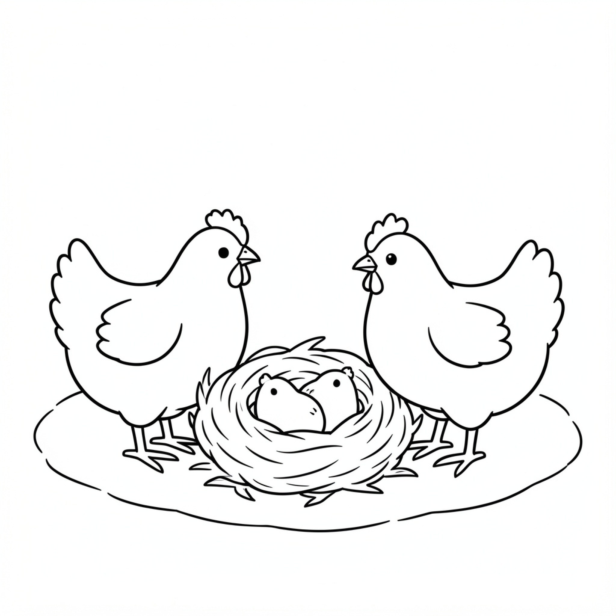 Easy Chicken watching over chicks in a nest Drawing Idea (free black-and-white line drawing printable PDF for all, from beginners to advanced learners, including children, teens, adults, and seniors)