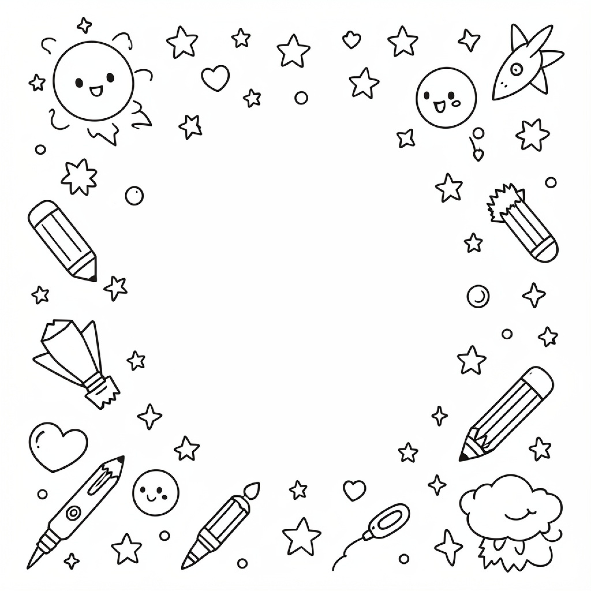 Easy دفتر نقاشی with cute characters and stationery icons Drawing Idea (free black-and-white line drawing printable PDF for all, from beginners to advanced learners, including children, teens, adults, and seniors)