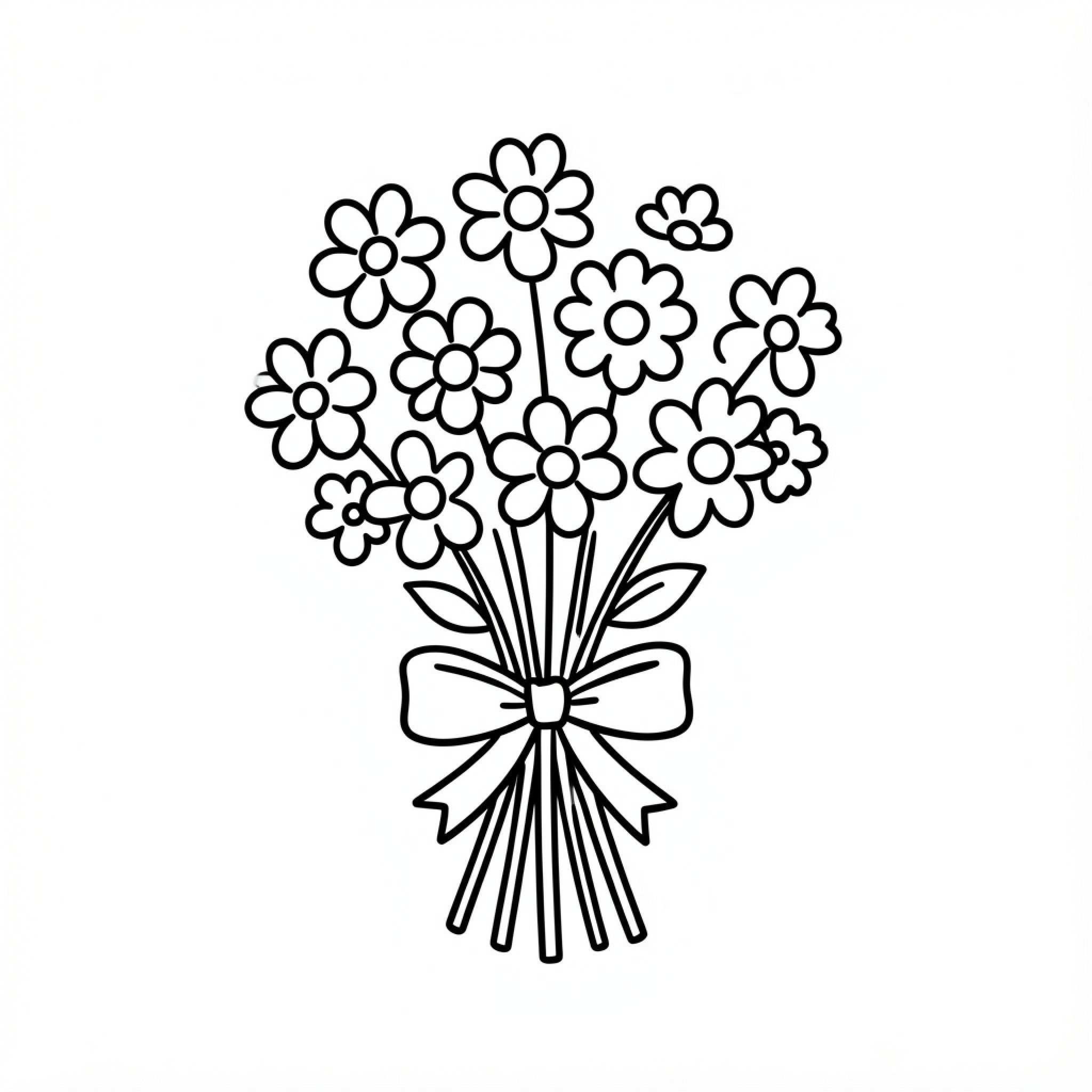 Easy Flower bouquet tied with a lovely ribbon Drawing Idea (free black-and-white line drawing printable PDF for all, from beginners to advanced learners, including children, teens, adults, and seniors)