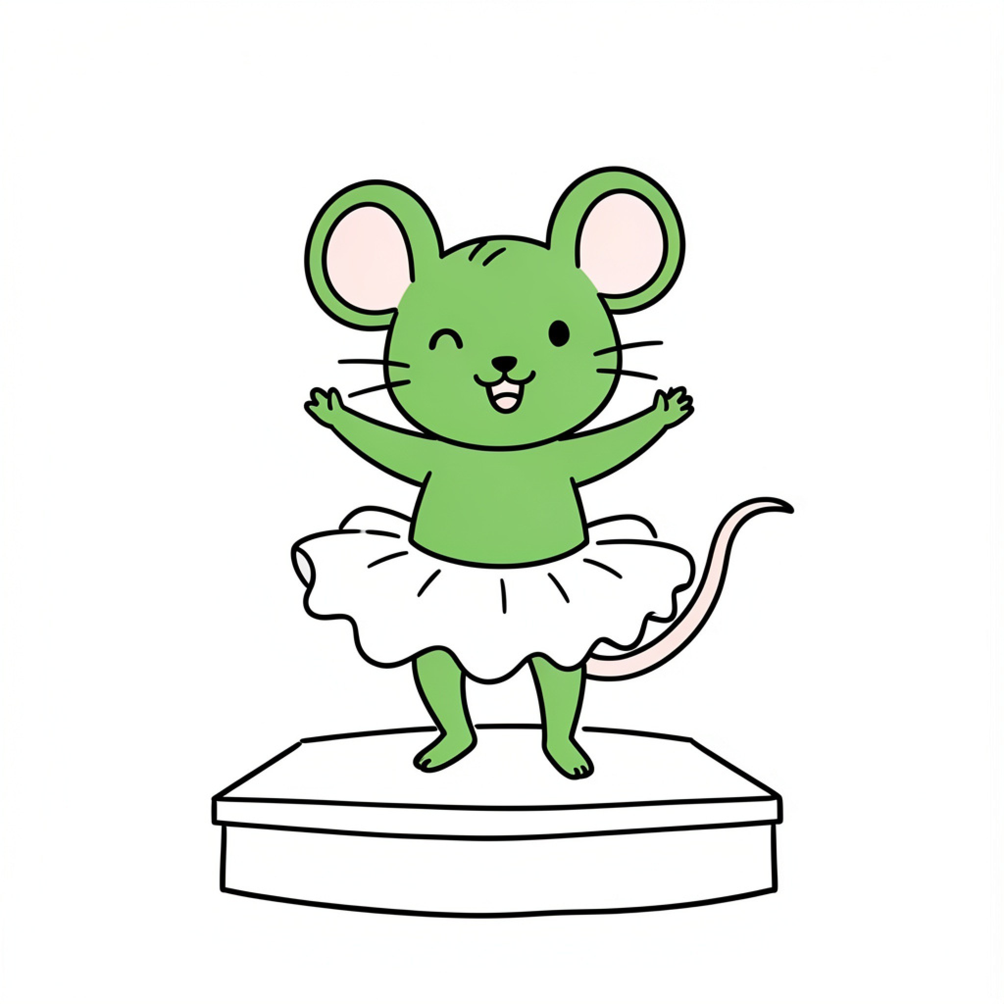 Easy Mouse dancing joyfully in a ballet tutu Drawing Idea (free black-and-white line drawing printable PDF for all, from beginners to advanced learners, including children, teens, adults, and seniors)