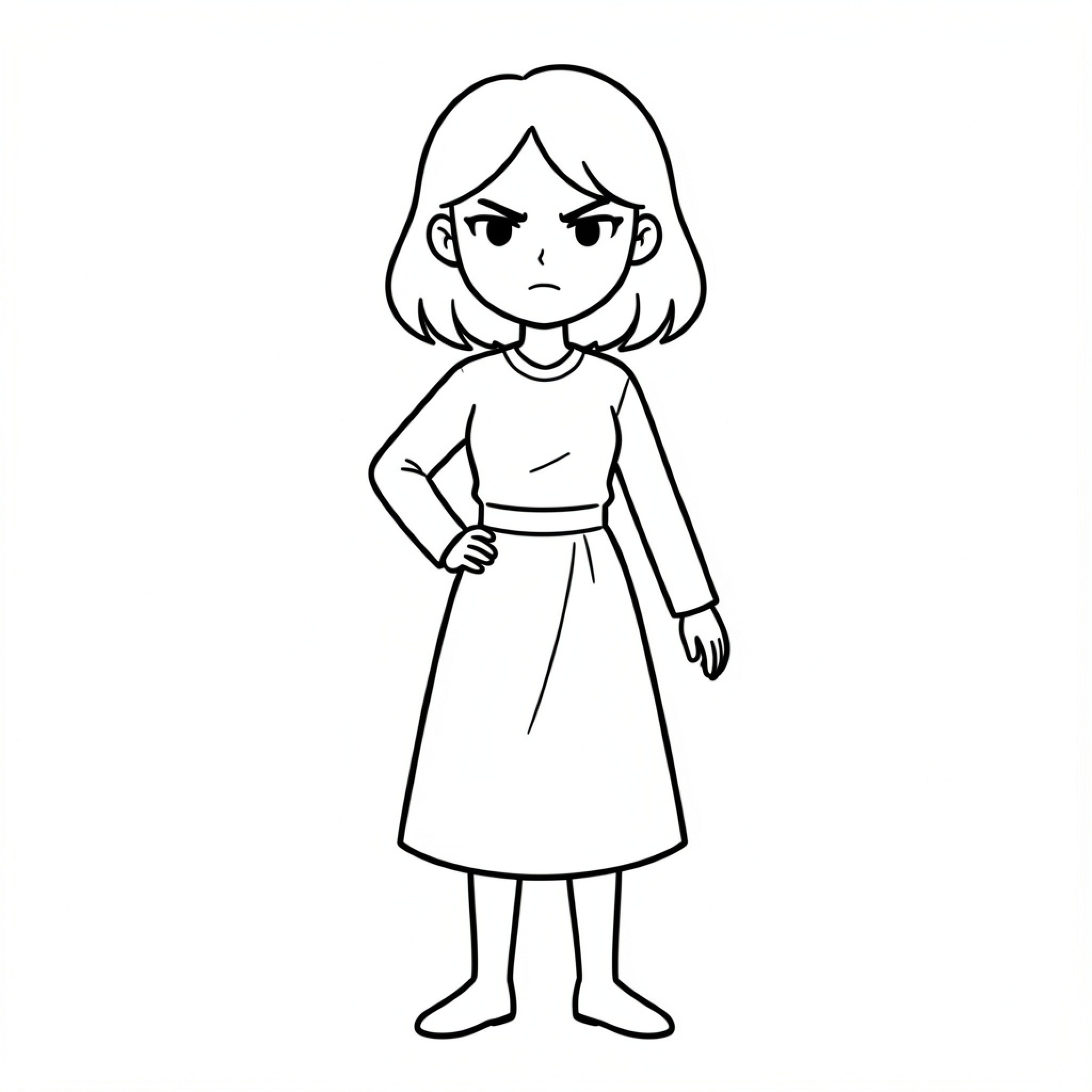Easy Sophia Nue standing with an angry expression Drawing Idea (free black-and-white line drawing printable PDF for all, from beginners to advanced learners, including children, teens, adults, and seniors)
