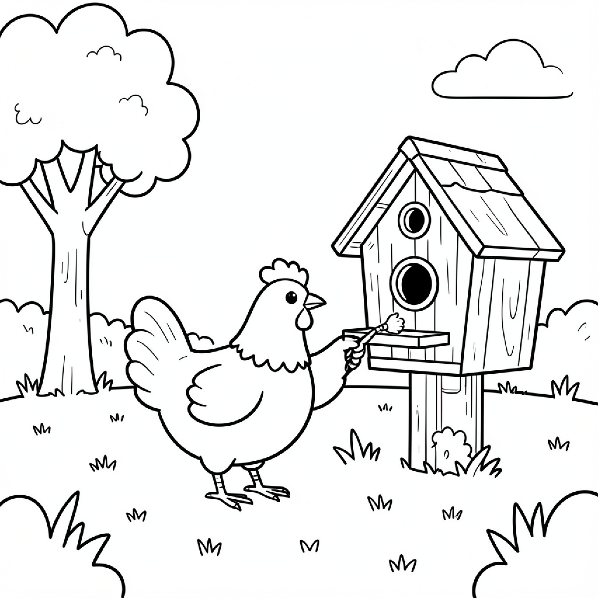 Easy Chicken feeding birds in a small birdhouse Drawing Idea (free black-and-white line drawing printable PDF for all, from beginners to advanced learners, including children, teens, adults, and seniors)