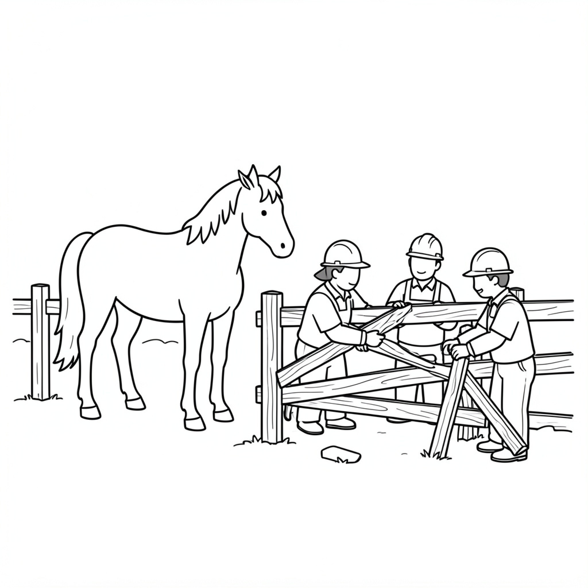 Easy Horse and people repairing a wooden fence Drawing Idea (free black-and-white line drawing printable PDF for all, from beginners to advanced learners, including children, teens, adults, and seniors)