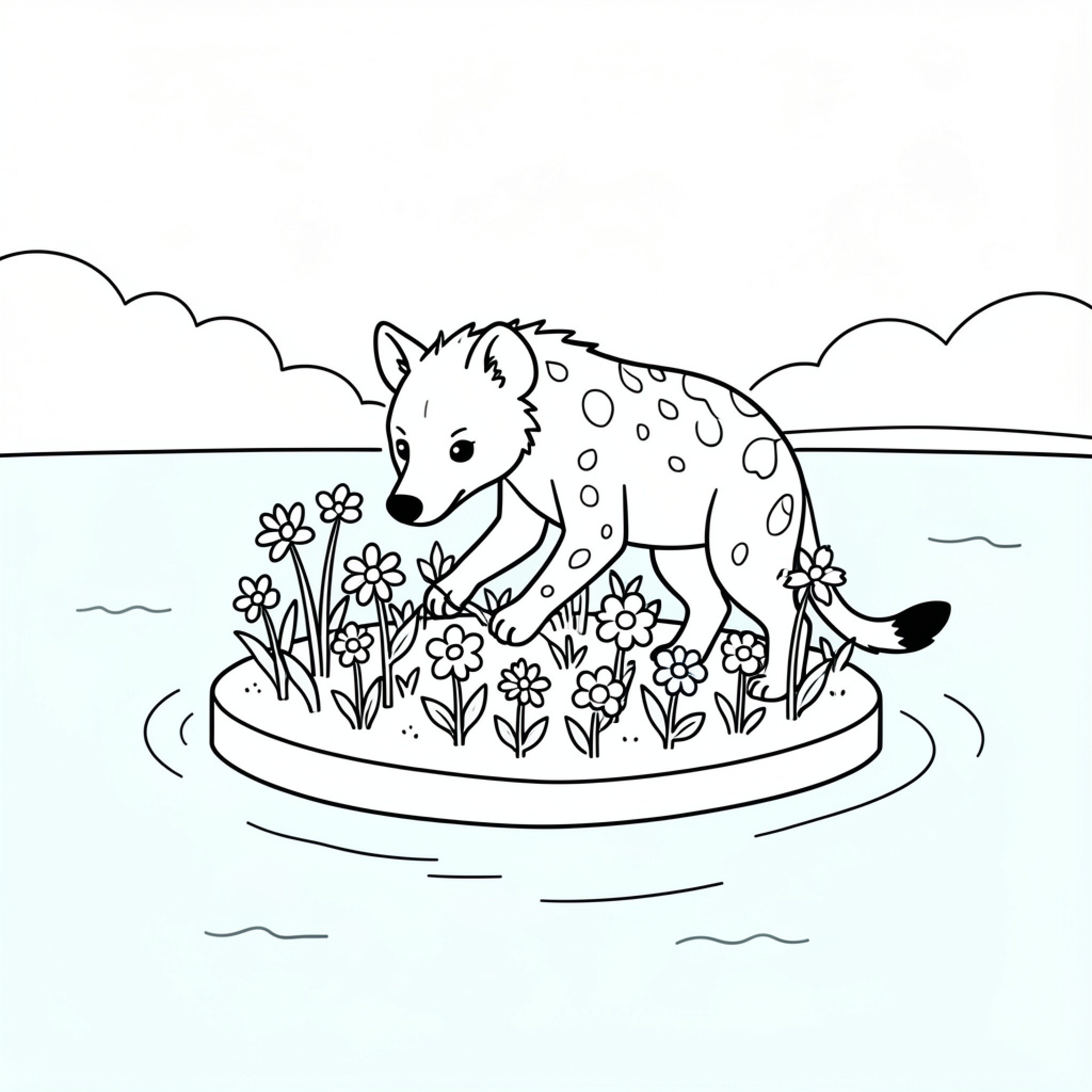 Easy Hyena sniffing flowers on a small island Drawing Idea (free black-and-white line drawing printable PDF for all, from beginners to advanced learners, including children, teens, adults, and seniors)