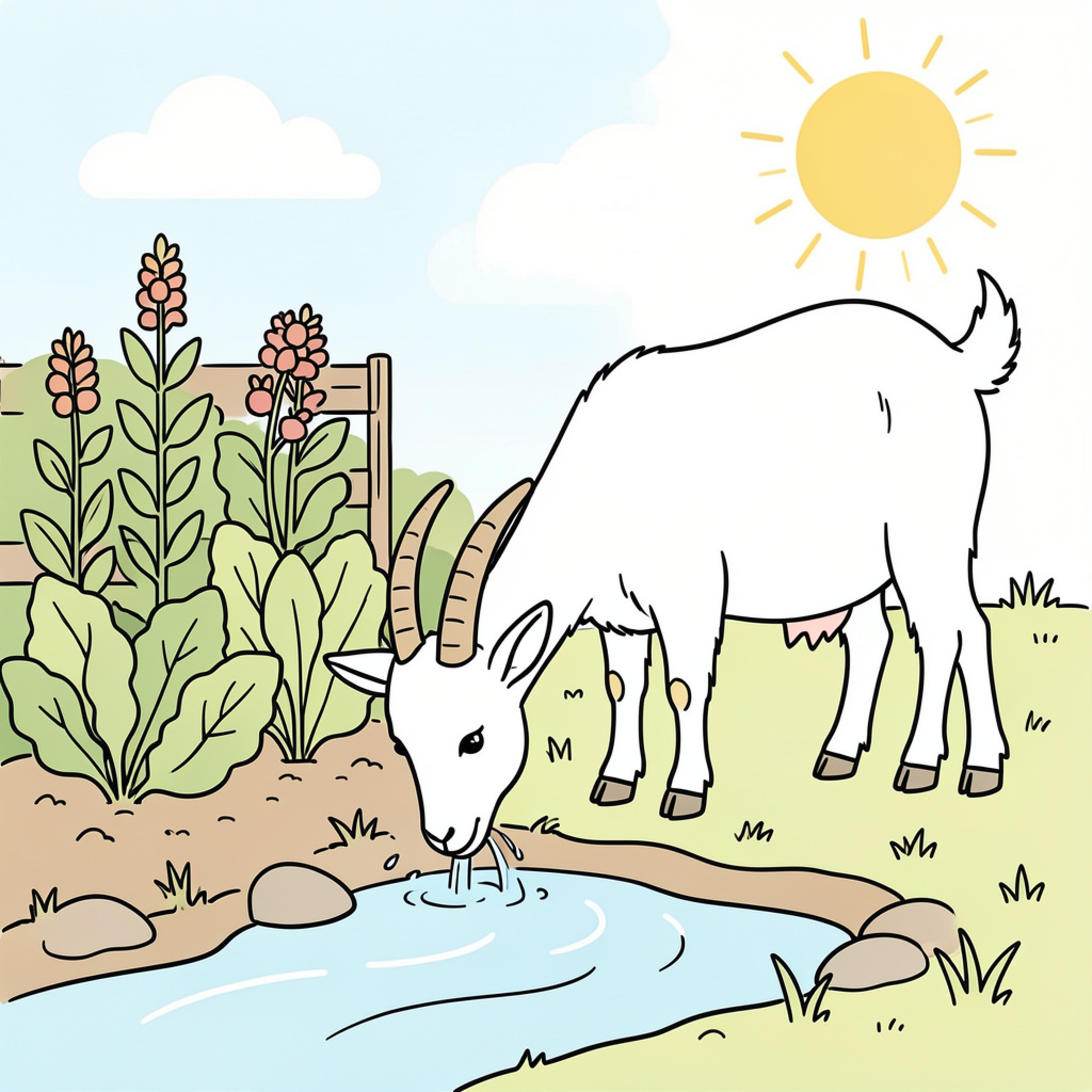 Easy Goat drinking water from a small stream Drawing Idea (free black-and-white line drawing printable PDF for all, from beginners to advanced learners, including children, teens, adults, and seniors)