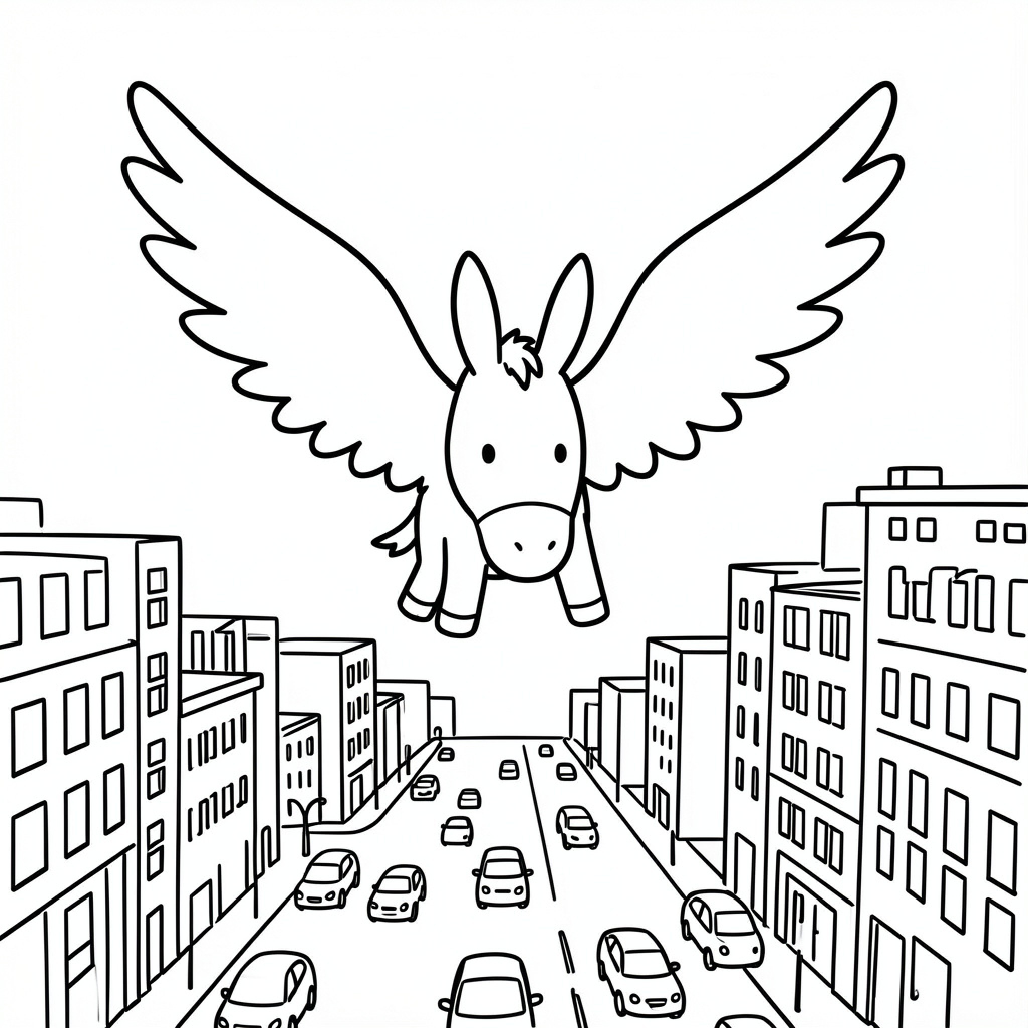 Easy Flying Donkey soaring over a busy city street Drawing Idea (free black-and-white line drawing printable PDF for all, from beginners to advanced learners, including children, teens, adults, and seniors)