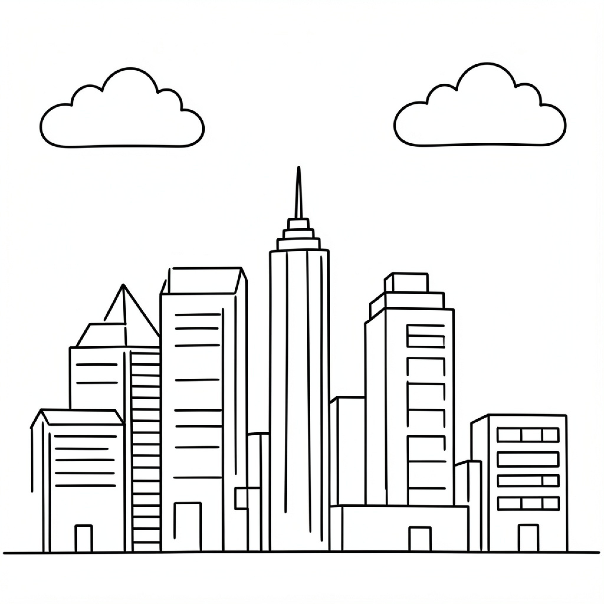 Easy Skyline showcasing various urban city buildings Drawing Idea (free black-and-white line drawing printable PDF for all, from beginners to advanced learners, including children, teens, adults, and seniors)
