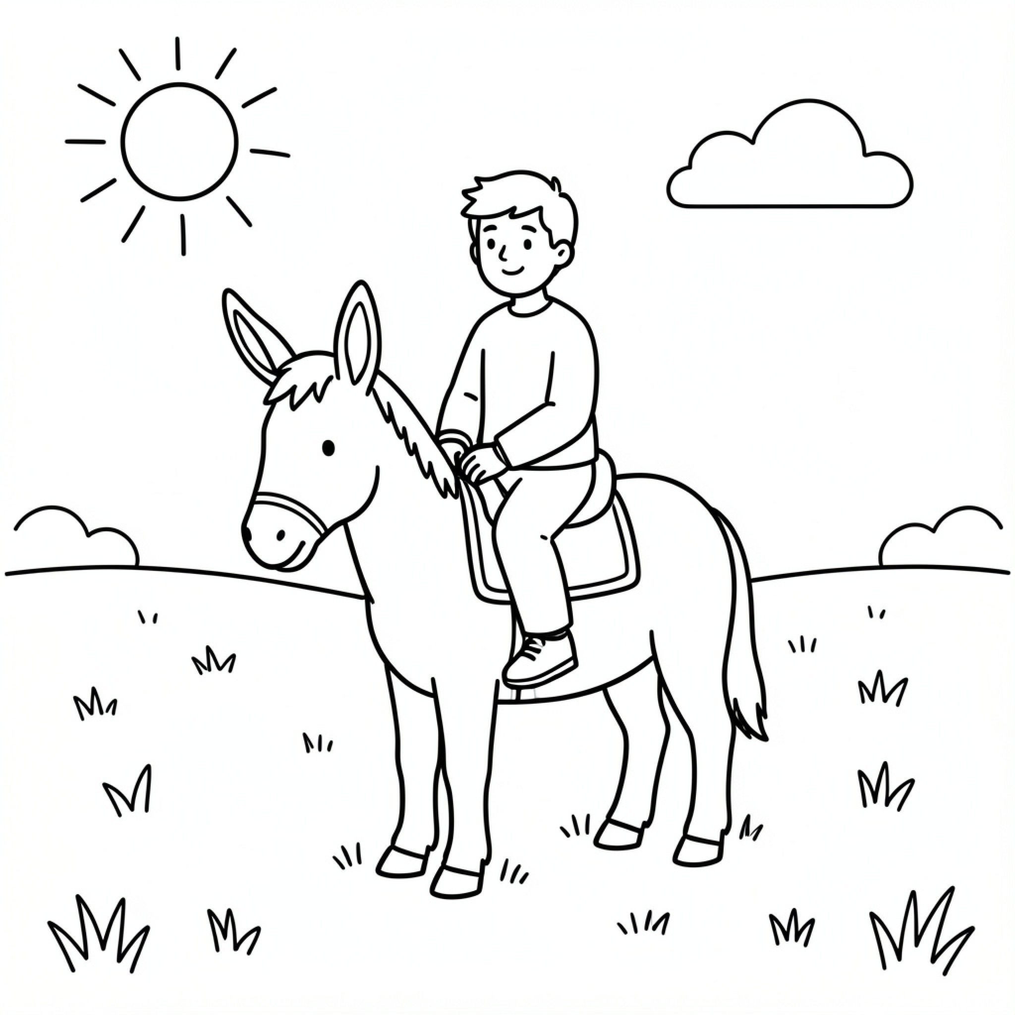 Easy Man riding a donkey in a field Drawing Idea (free black-and-white line drawing printable PDF for all, from beginners to advanced learners, including children, teens, adults, and seniors)