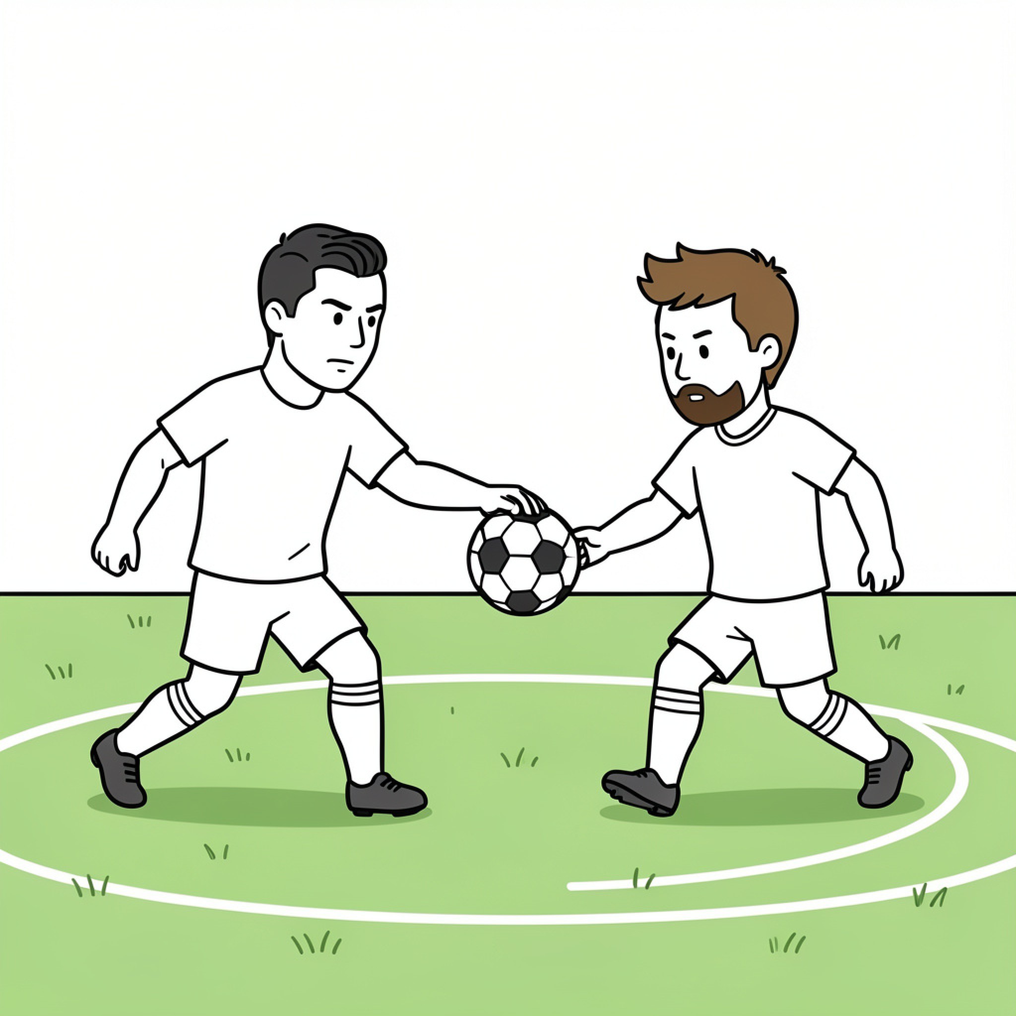Easy Ronaldo two soccer players competing for the ball Drawing Idea (free black-and-white line drawing printable PDF for all, from beginners to advanced learners, including children, teens, adults, and seniors)