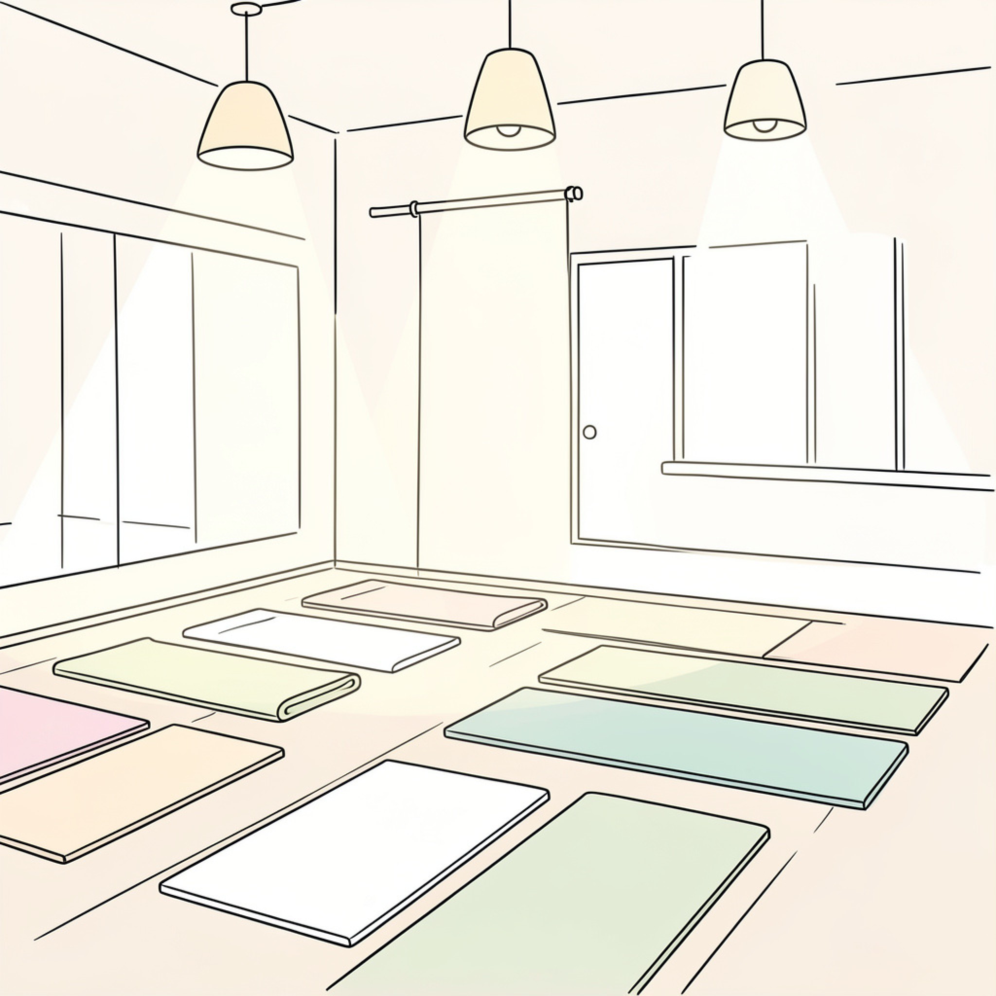 Easy Yoga mats laid out in a bright studio Drawing Idea (free black-and-white line drawing printable PDF for all, from beginners to advanced learners, including children, teens, adults, and seniors)
