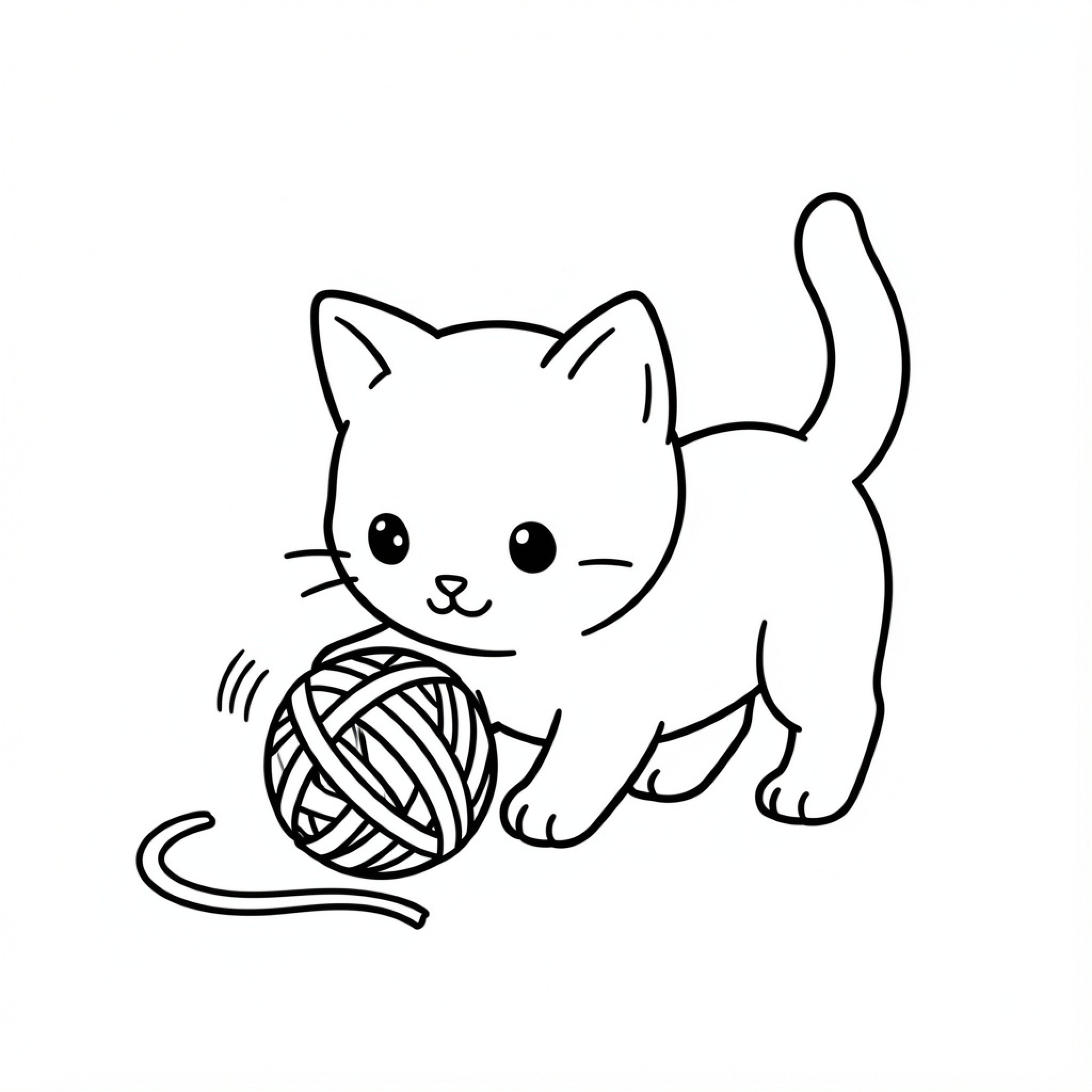 Easy Kitten playing with a ball of yarn Drawing Idea (free black-and-white line drawing printable PDF for all, from beginners to advanced learners, including children, teens, adults, and seniors)