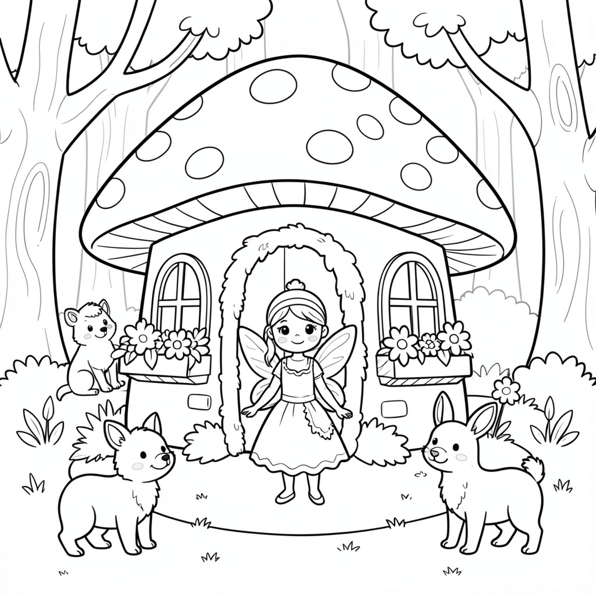 Easy Fairy standing in front of mushroom house Drawing Idea (free black-and-white line drawing printable PDF for all, from beginners to advanced learners, including children, teens, adults, and seniors)