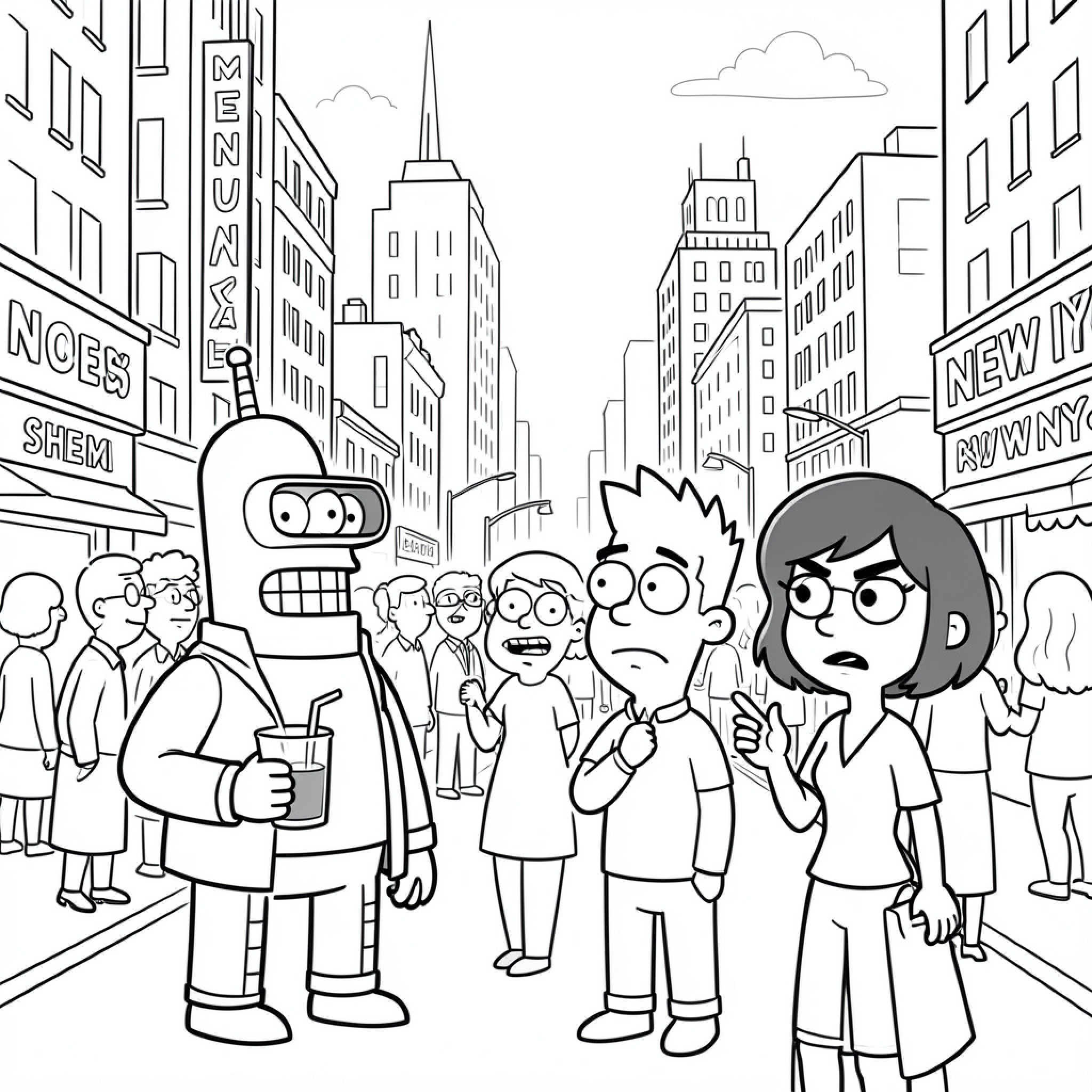 Easy Futurama Character walking through a busy city street Drawing Idea (free black-and-white line drawing printable PDF for all, from beginners to advanced learners, including children, teens, adults, and seniors)