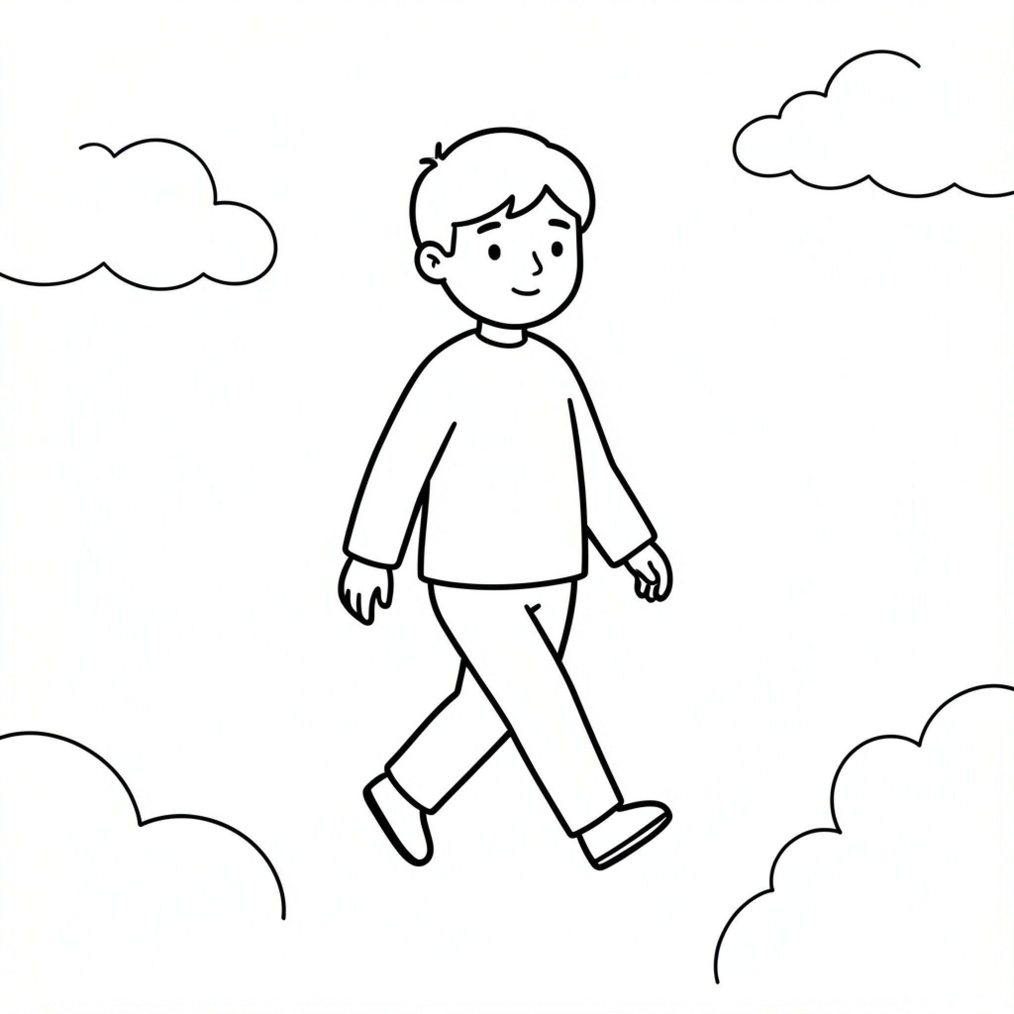 Easy Walking in Air with a happy expression Drawing Idea (free black-and-white line drawing printable PDF for all, from beginners to advanced learners, including children, teens, adults, and seniors)