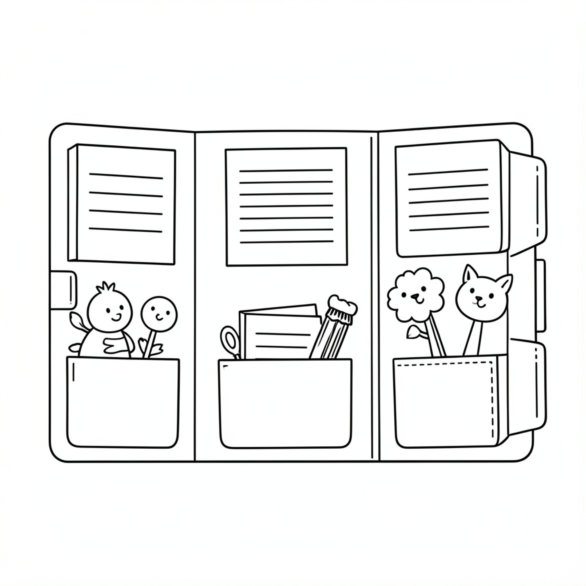 Easy Lapbook featuring cute characters and school supplies Drawing Idea (free black-and-white line drawing printable PDF for all, from beginners to advanced learners, including children, teens, adults, and seniors)