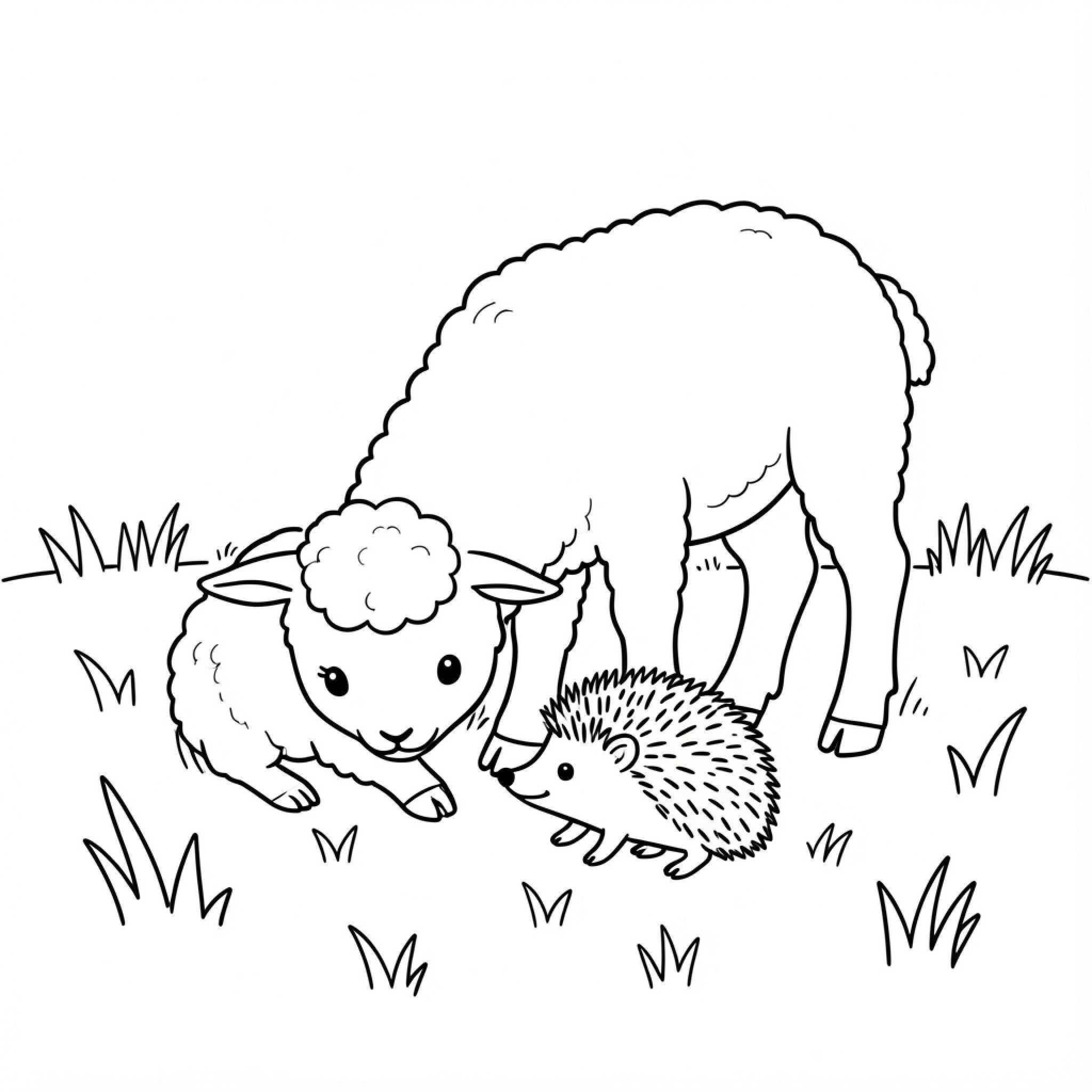 Easy Lamb interacting with a small hedgehog in grass Drawing Idea (free black-and-white line drawing printable PDF for all, from beginners to advanced learners, including children, teens, adults, and seniors)