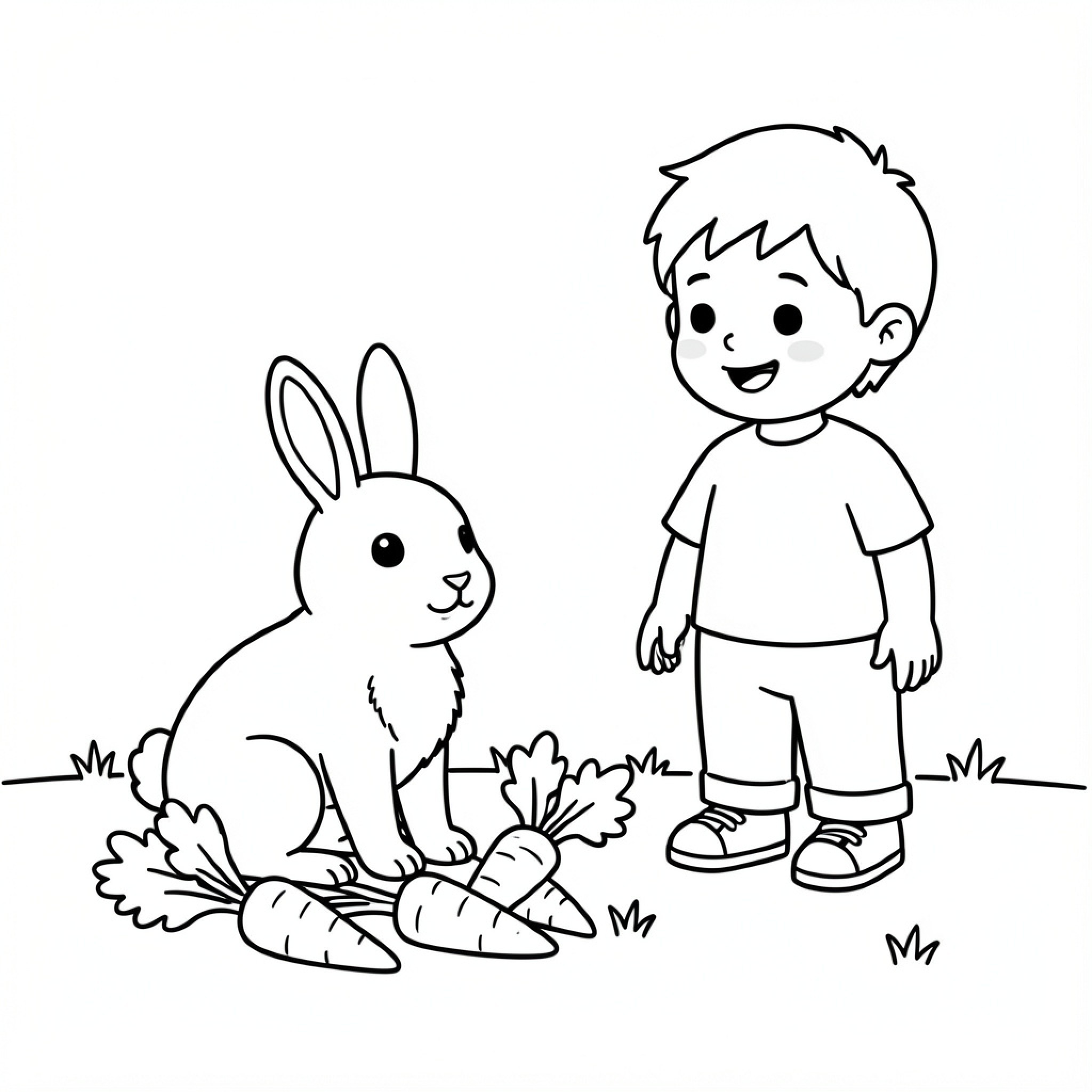 Easy Rabbit eating carrots near a happy boy Drawing Idea (free black-and-white line drawing printable PDF for all, from beginners to advanced learners, including children, teens, adults, and seniors)