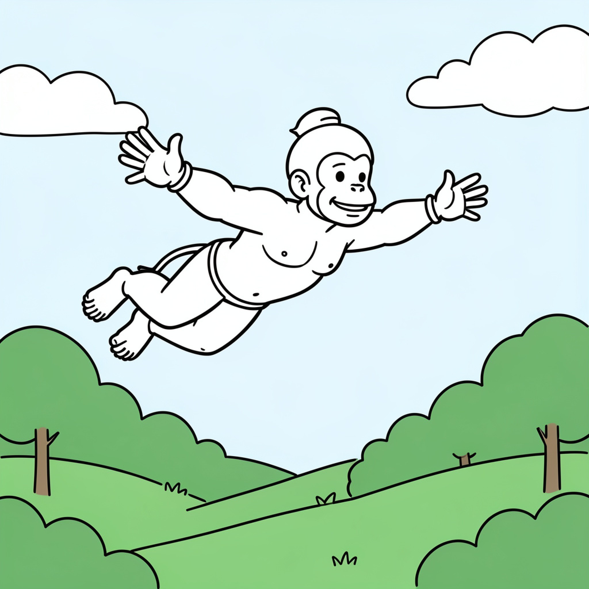 Easy Hanuman flying through the sky over hills Drawing Idea (free black-and-white line drawing printable PDF for all, from beginners to advanced learners, including children, teens, adults, and seniors)